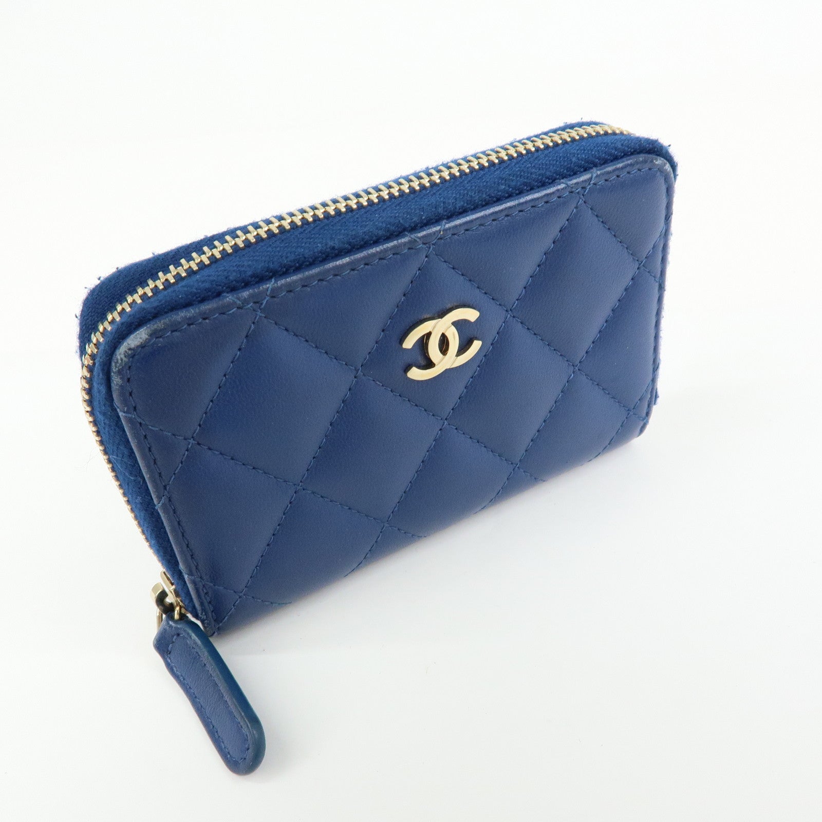 CHANEL Matelasse COCO Mark Lamb Skin Coin Case Card Case Blue