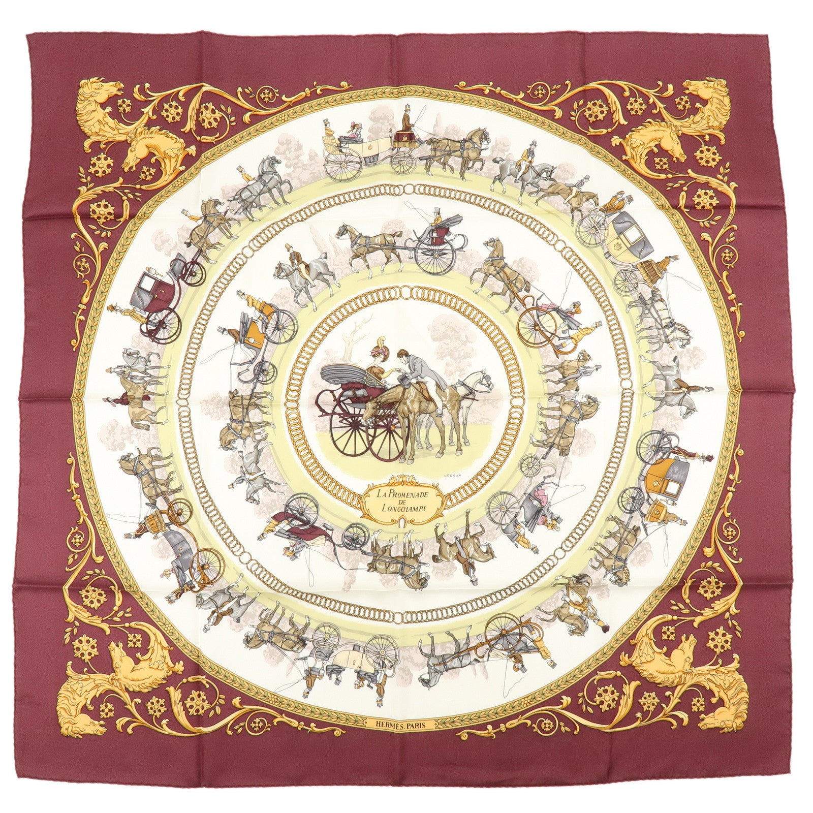 HERMES Carre 90 Silk 100% LA PROMENADE DE LONGCHAMPS Scarf Wine Red