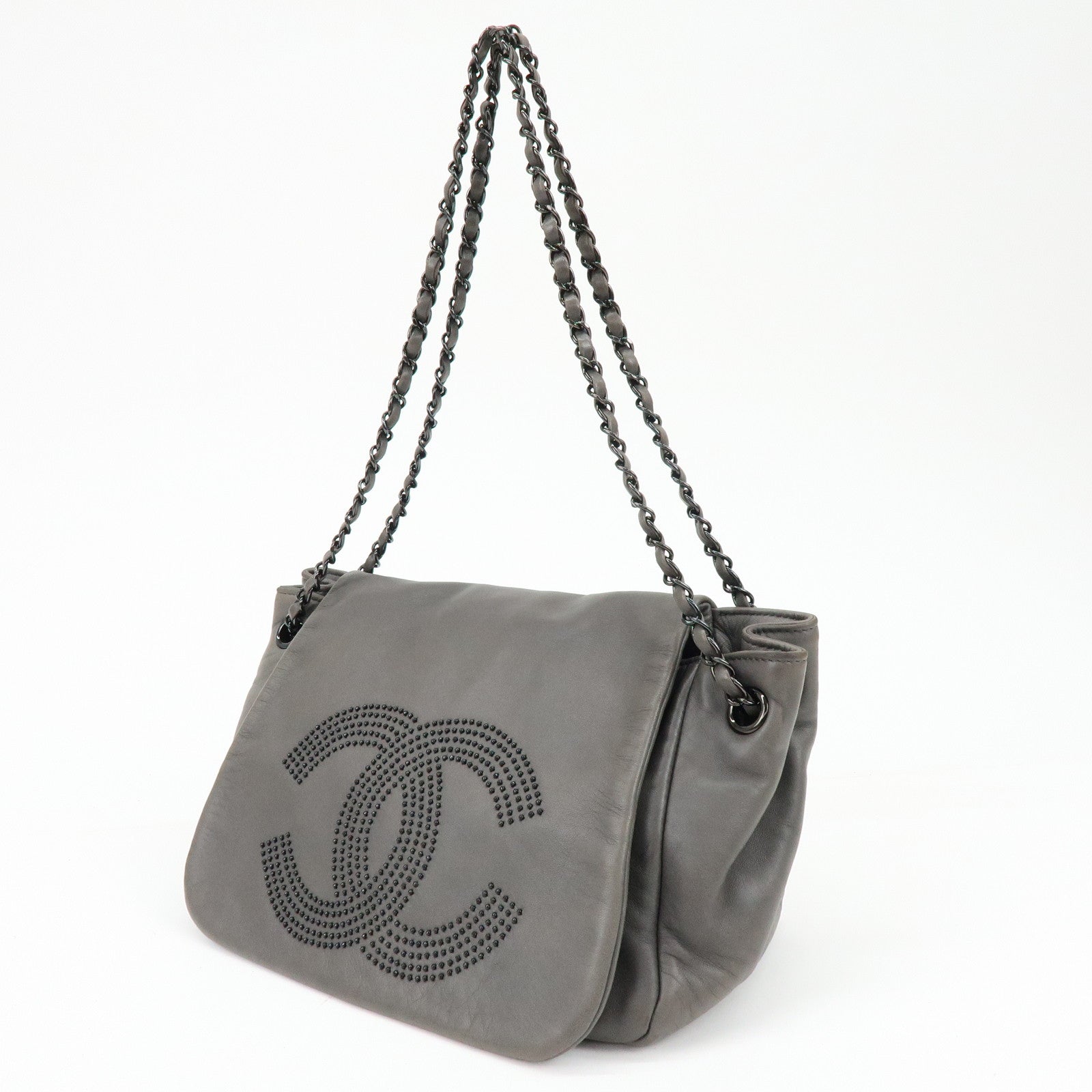 CHANEL COCO Mark Lamb Skin Chain Flap Shoulder Bag Gray