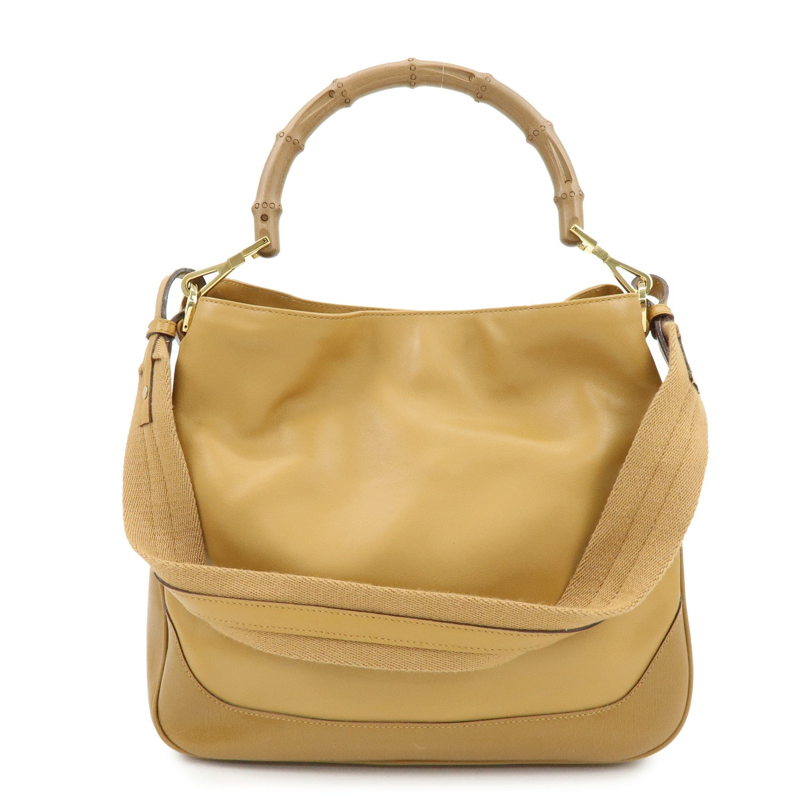 GUCCI Bamboo Leather 2Way Bag Hand Bag Shoulder Bag Brown 001・4095