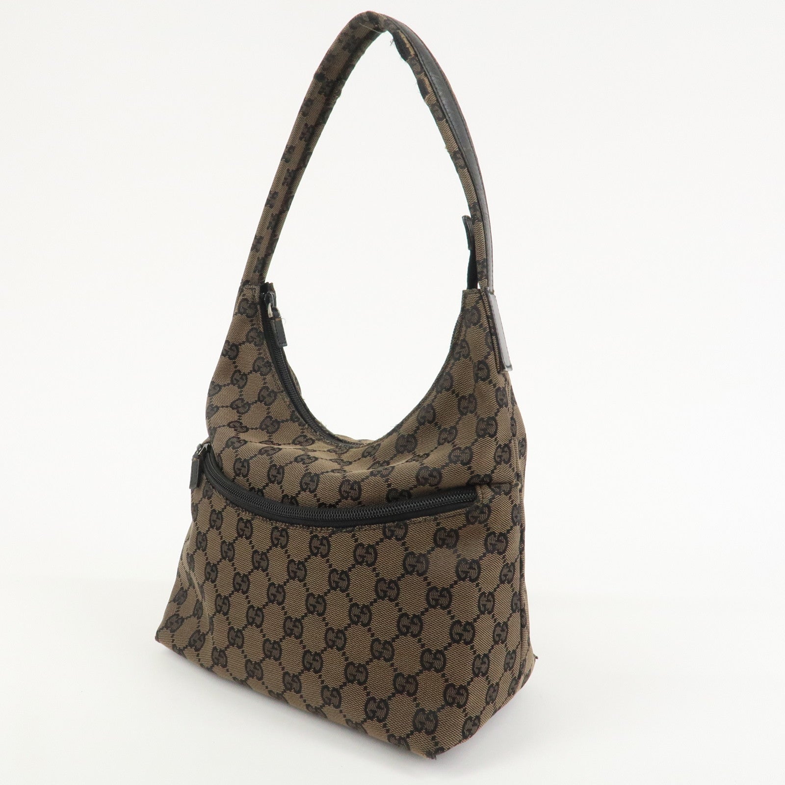 GUCCI GG Canvas Leather Shoulder Bag Hand Bag Brown Black 001・3386