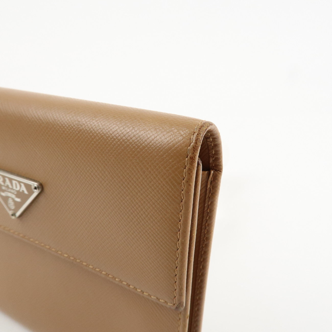 PRADA Triangle Logo Saffiano Leather Trifold Wallet Brown Used