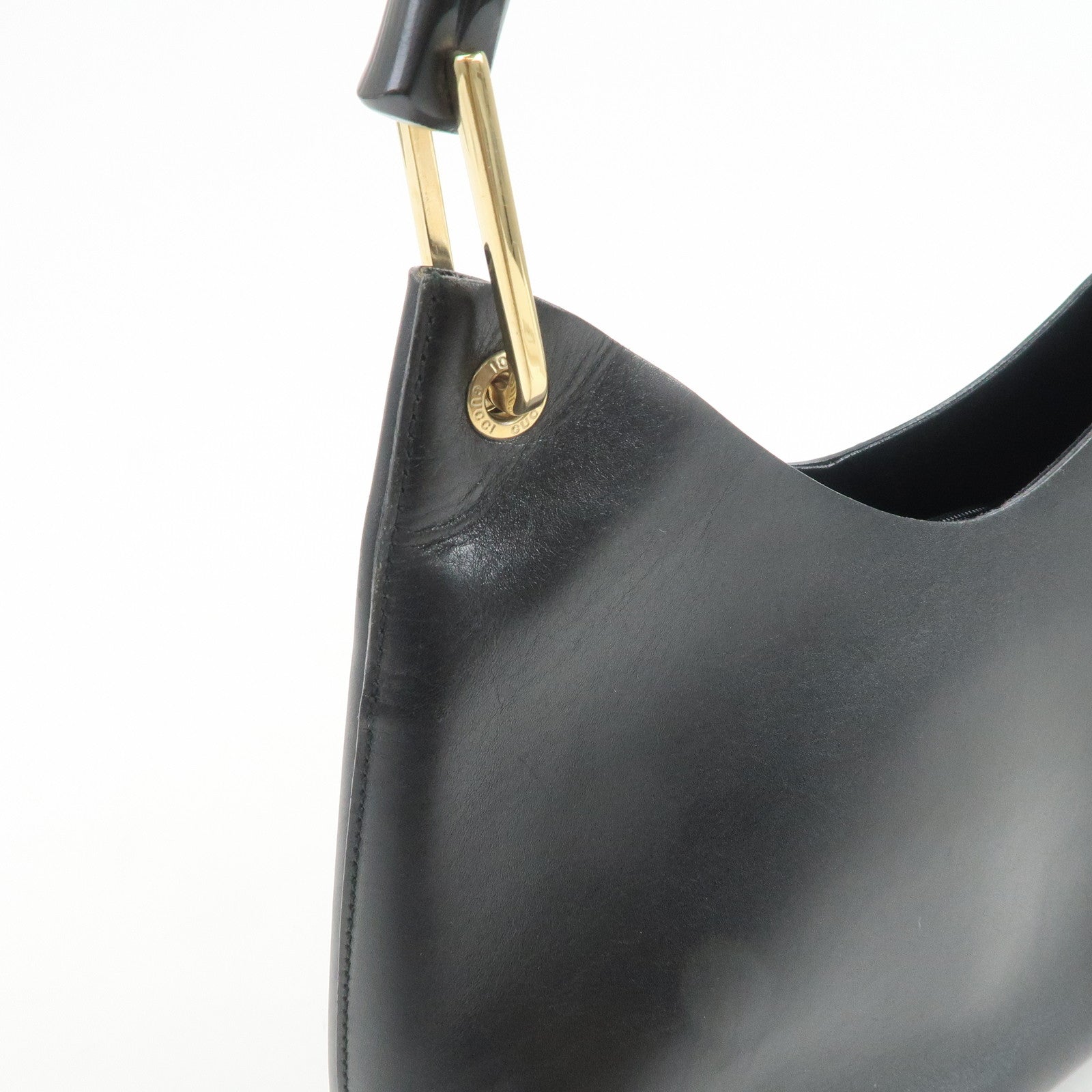 GUCCI Bamboo Leather Shoulder Bag Hand Bag Black Gold