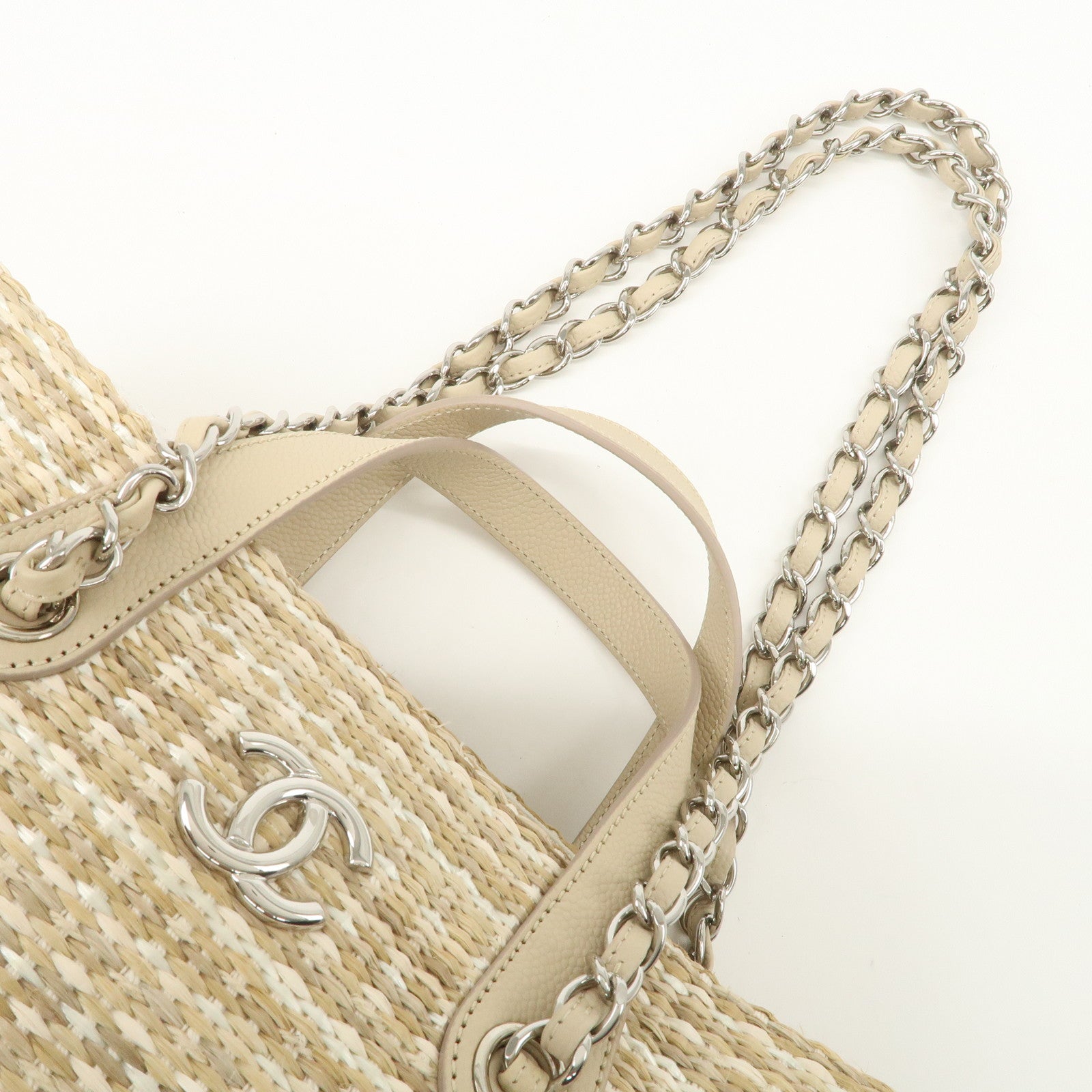 CHANEL Lether Raffia 2Way Bag Shoulder Bag Hand Bag Beige