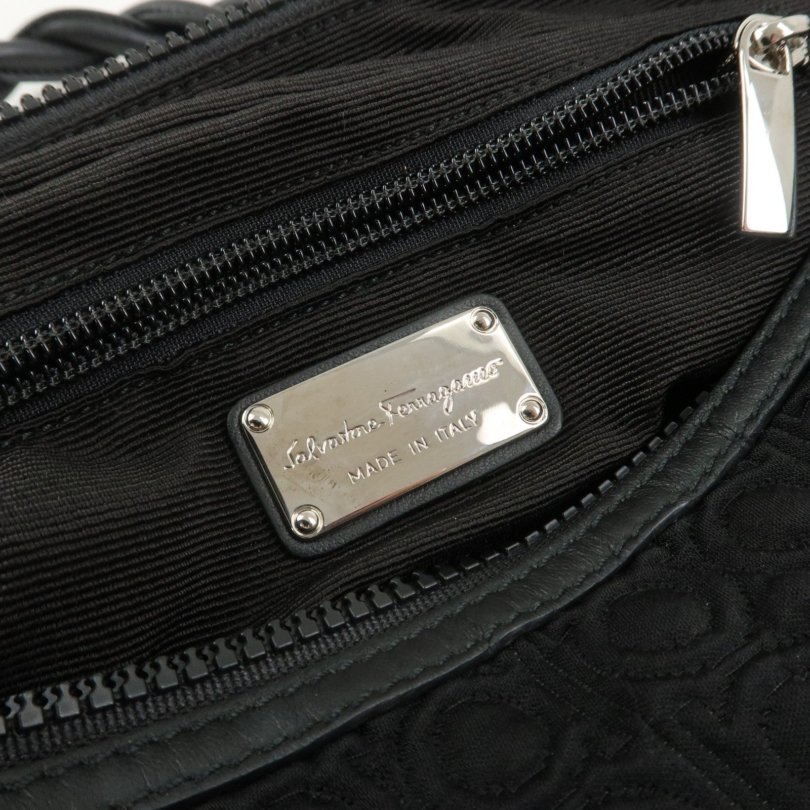 Ferragamo Gancini Canvas Leather Hand Bag Black Silver