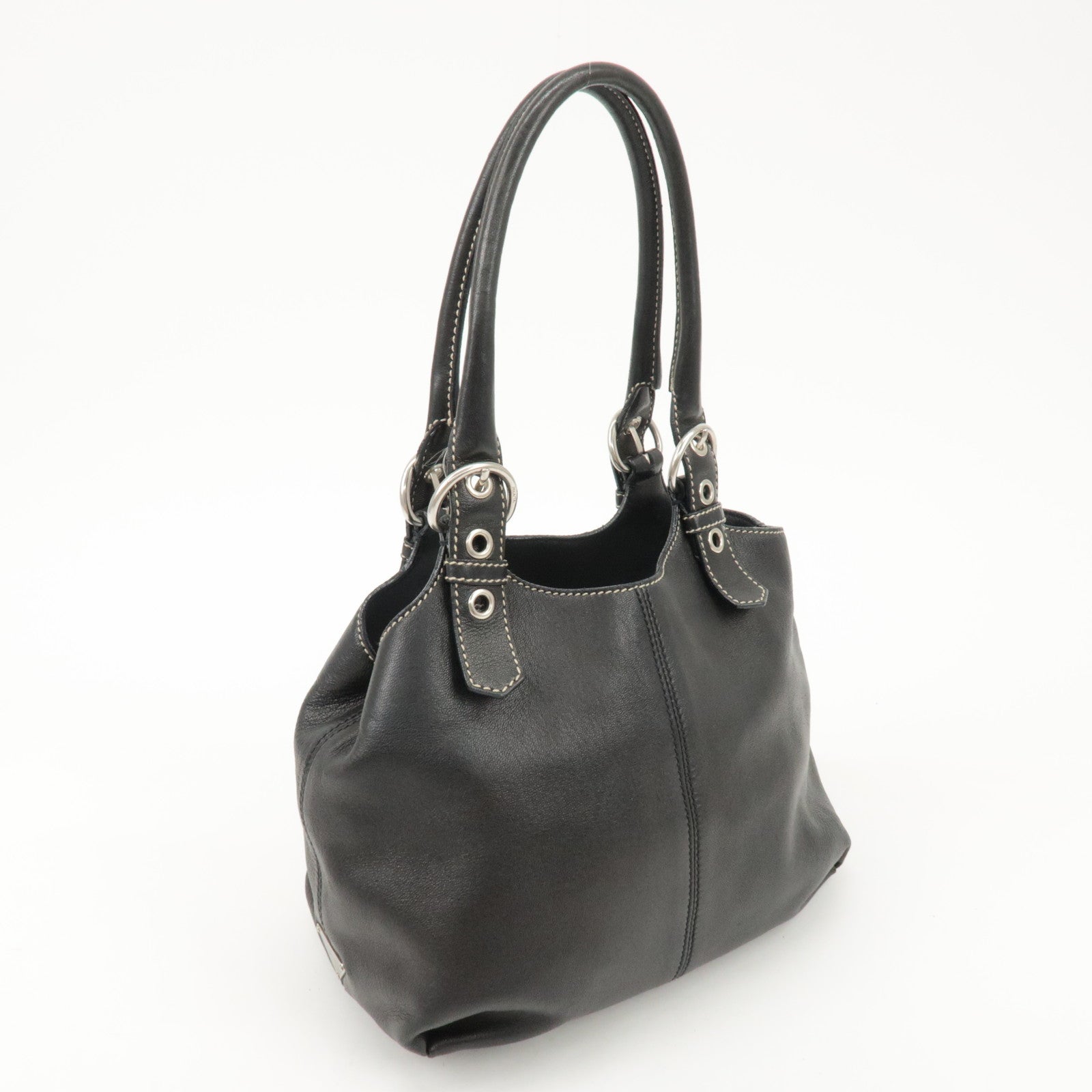 PRADA Triangle Logo Leather Tote Bag Hand Bag Black Used