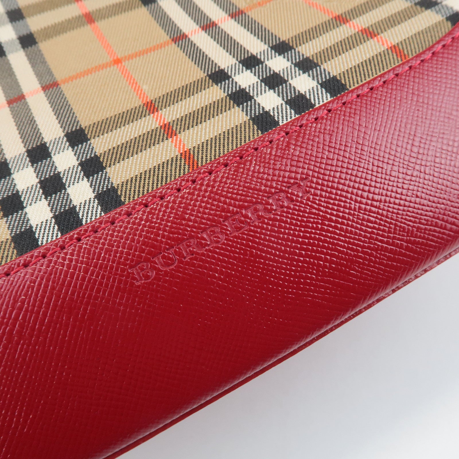 BURBERRY Nova Plaid Canvas Leather Shoulder Bag Red Used