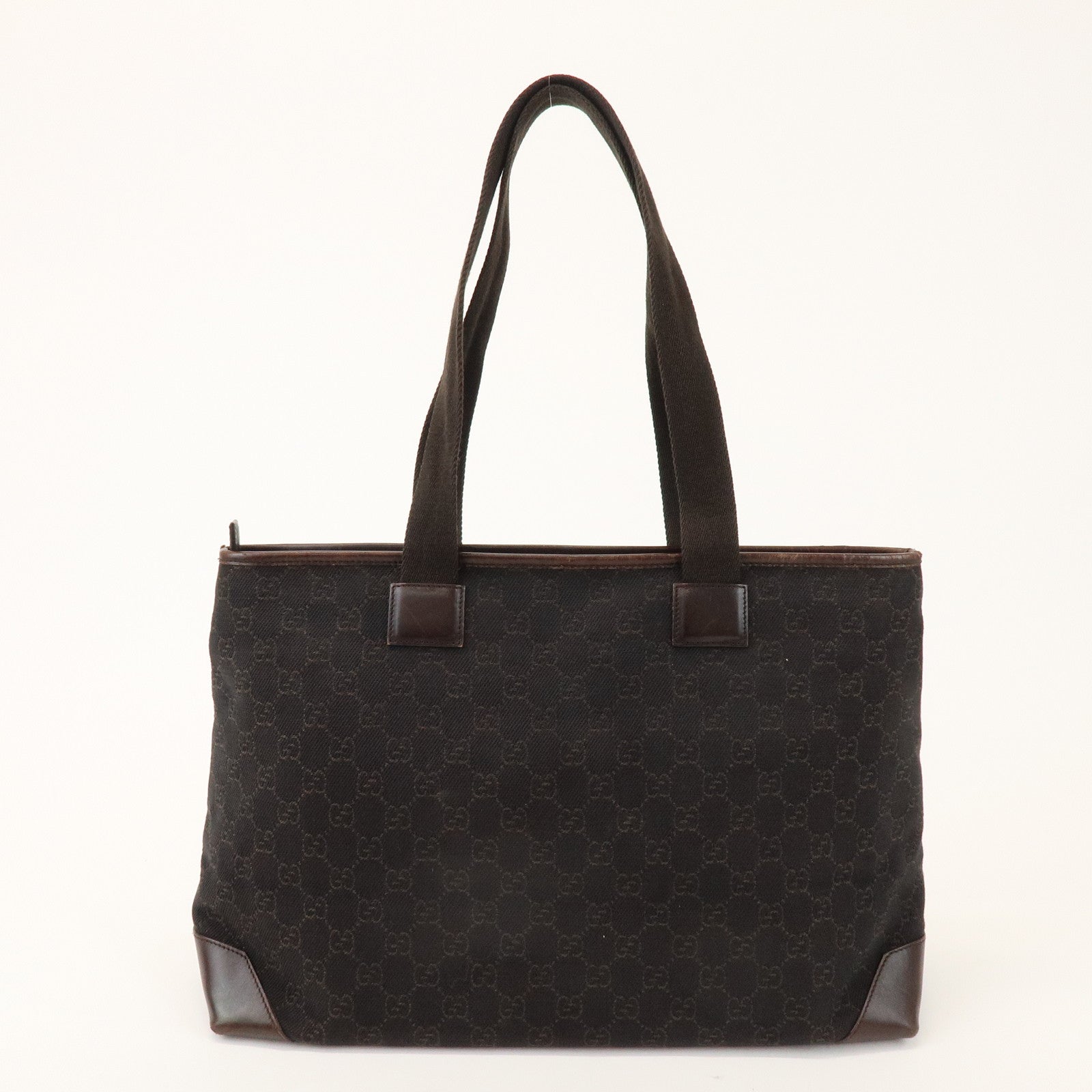 GUCCI GG Canvas Leather Tote Bag Shoulder Bag Dark Brown 34339