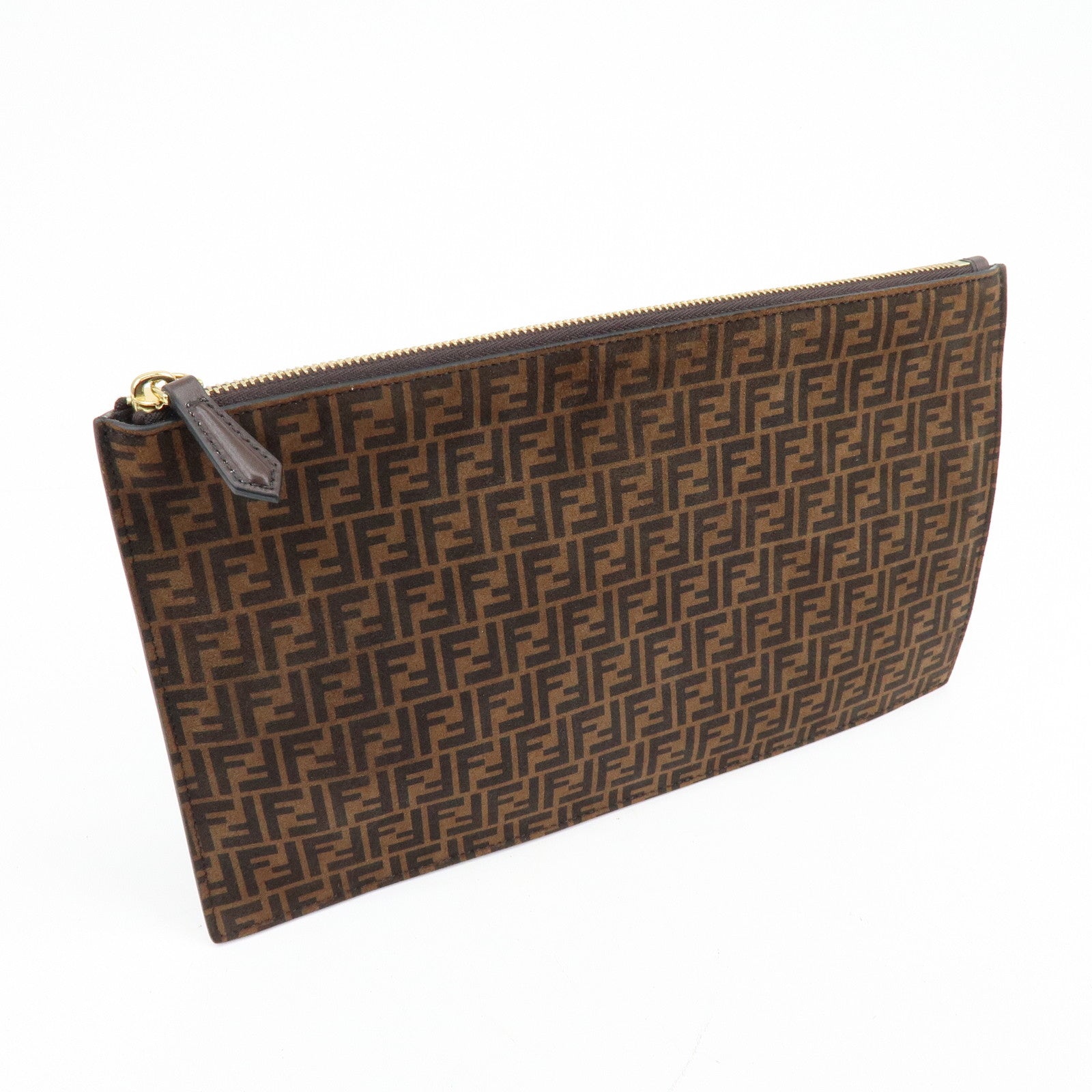 FENDI Zucchino Suede Leather Clutch Bag Flat Pouch Brown 8N0149