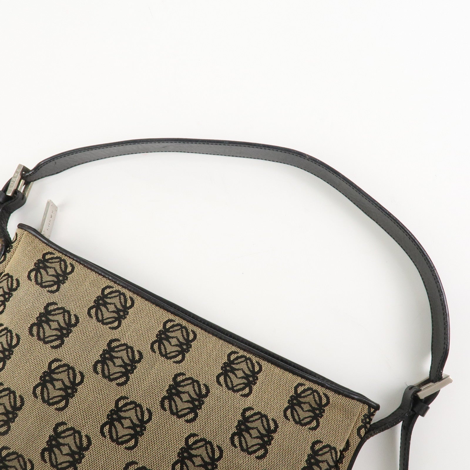 LOEWE Anagram Logo Canvas Leather Shoulder Bag Hand Bag Beige Black