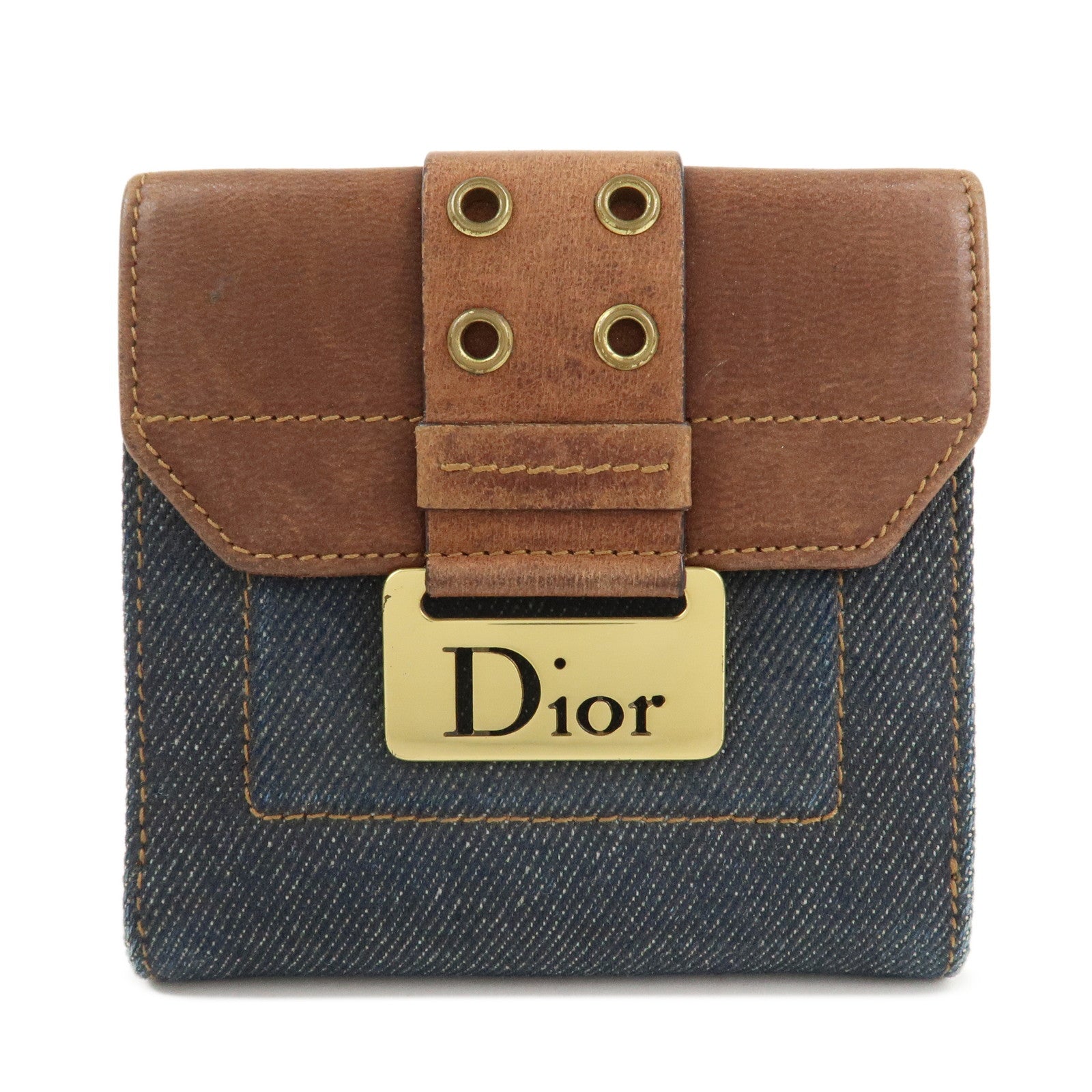 Christian Dior Leather Denim Bi-fold Compact Wallet 46BM-0024 Used