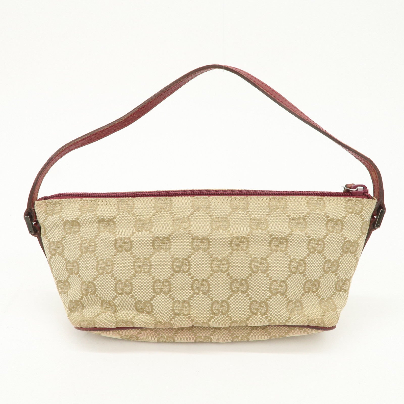 GUCCI Boat Bag GG Canvas Leather Hand Bag Pouch Beige Red 07198
