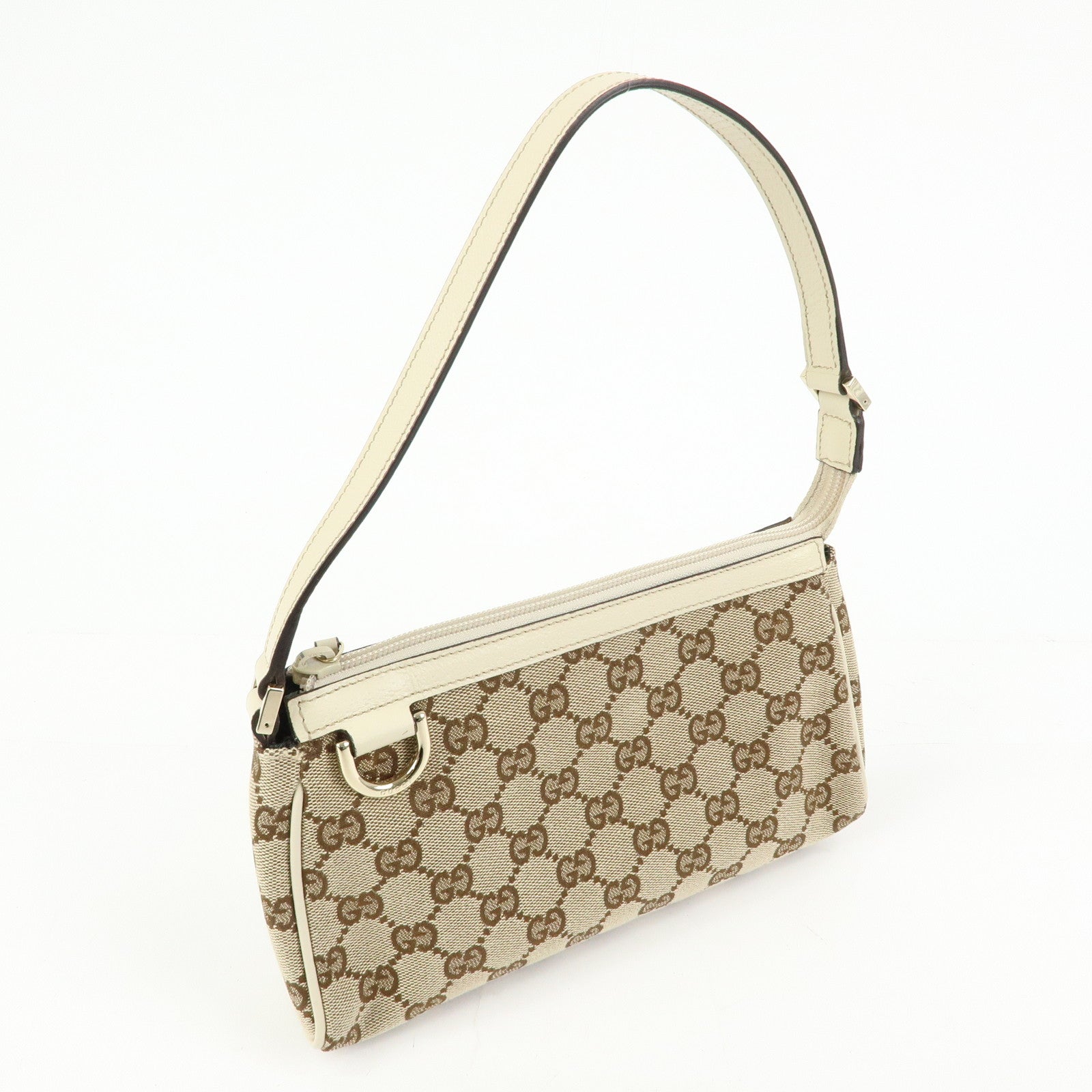 GUCCI GG Canvas Leather Accessory Pouch Hand Bag Beige White 145750
