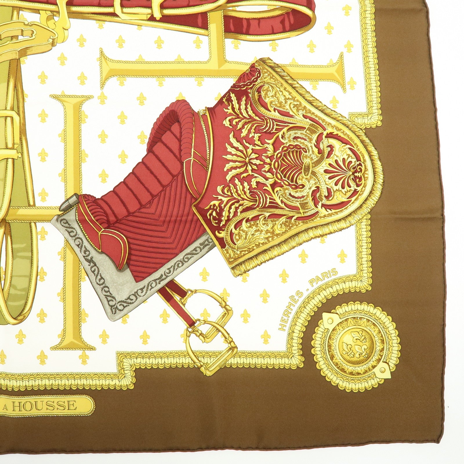 HERMES Carre 90 Silk 100% Scarf SELLES A HOUSSE Gold Brown