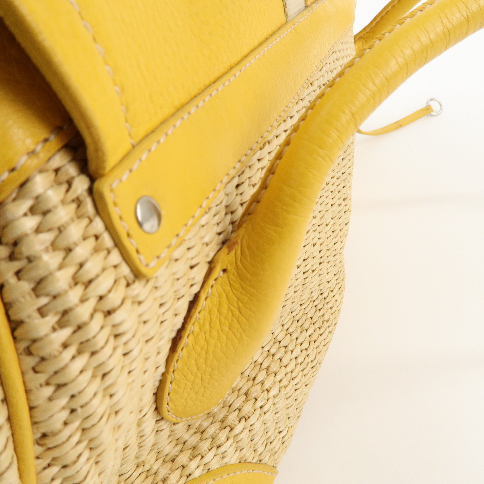 PRADA Triangle Logo Leather Raffia Tote Bag Beige Yellow Used