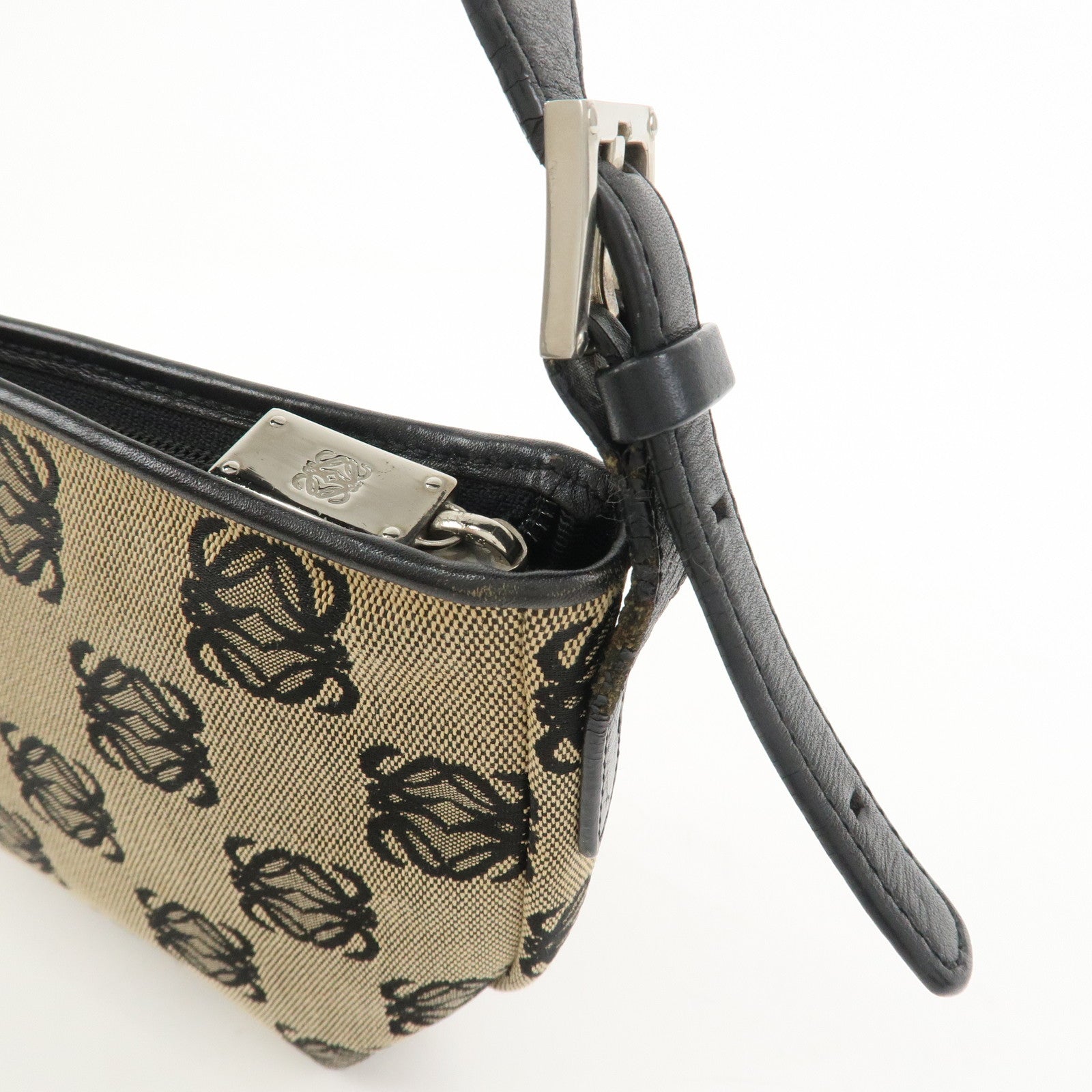 LOEWE Anagram Logo Canvas Leather Shoulder Bag Hand Bag Beige Black