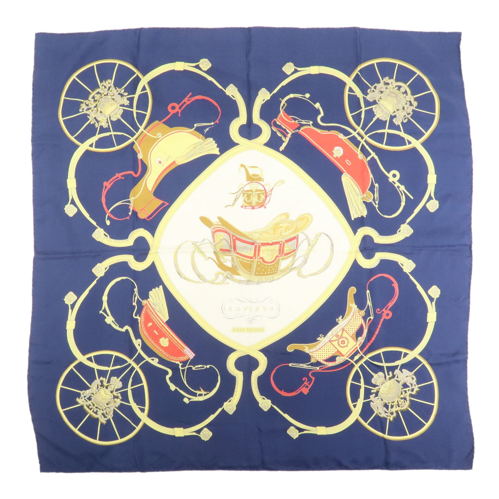 HERMES Carre 90 Silk 100% Scarf SPRINGS Navy Gold