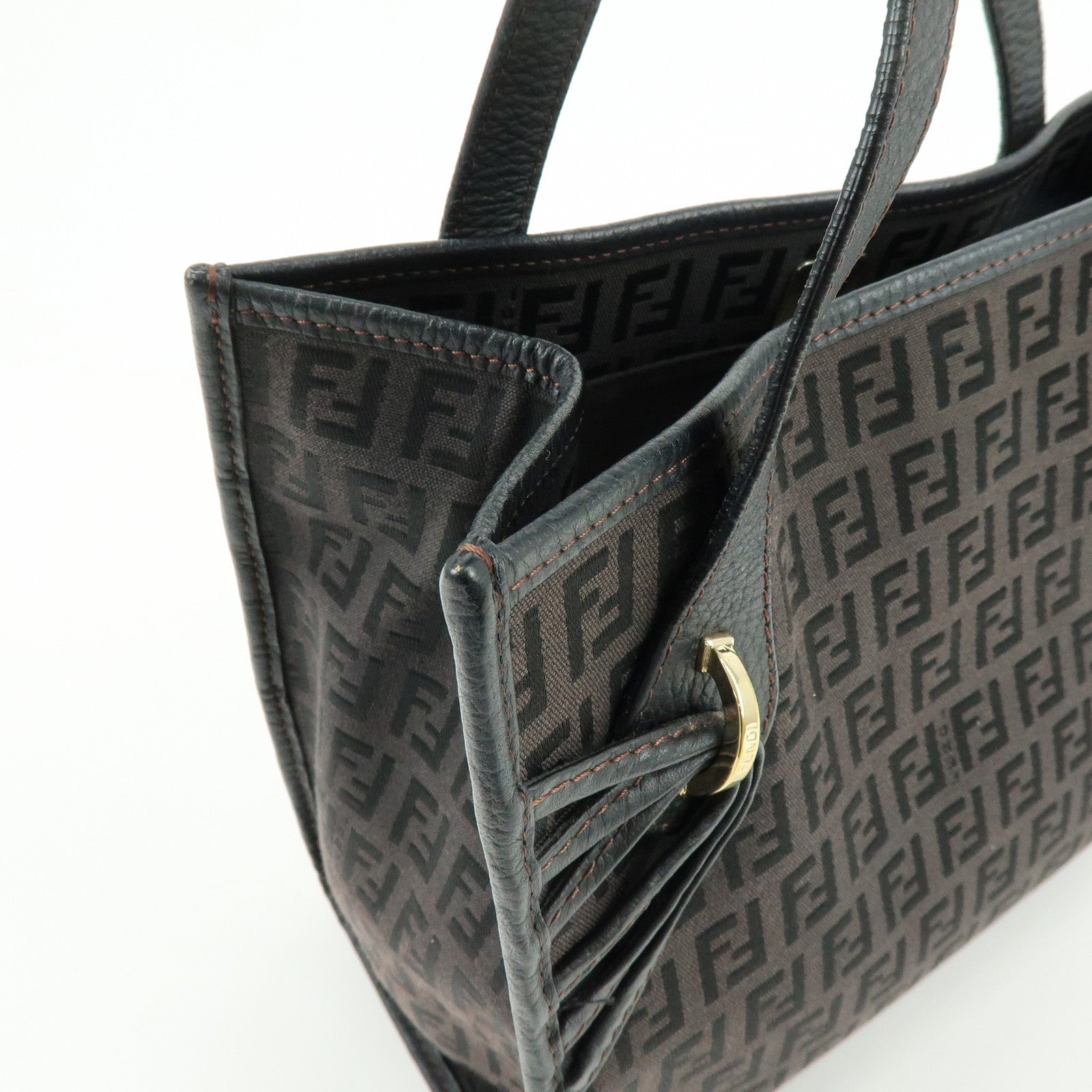 FENDI Zucchino Canvas Leather Hand Bag Tote Bag Brown 8BH152