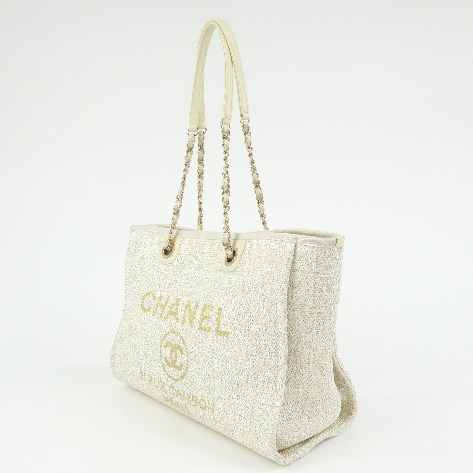 CHANEL Deauville MM Straw Leather Tote Shoulder Bag White A67001