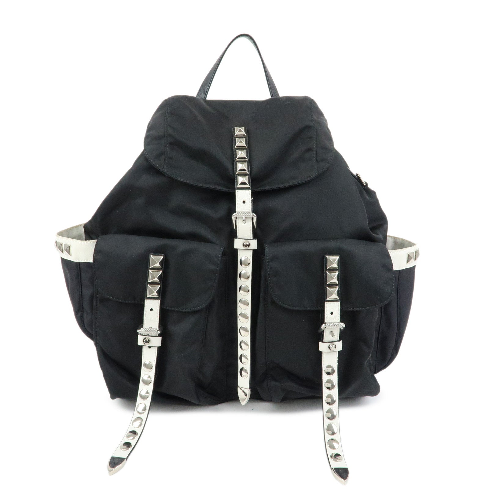 PRADA Triangle Logo Nylon Studs Backpack Rucksack Black 1BZ811