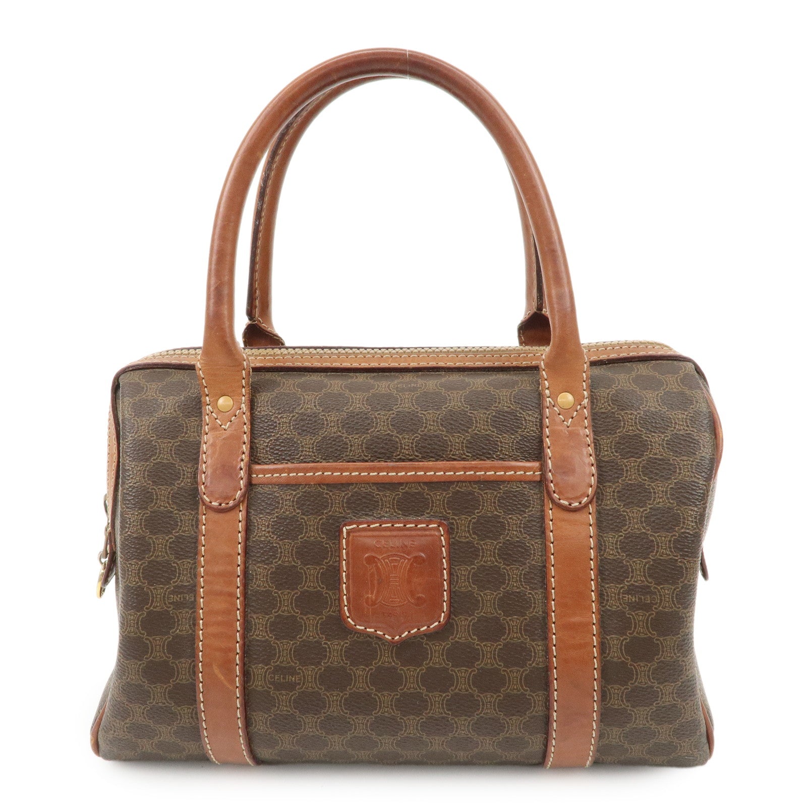 CELINE Macadam PVC Leather Boston Bag Brown Gold HDW