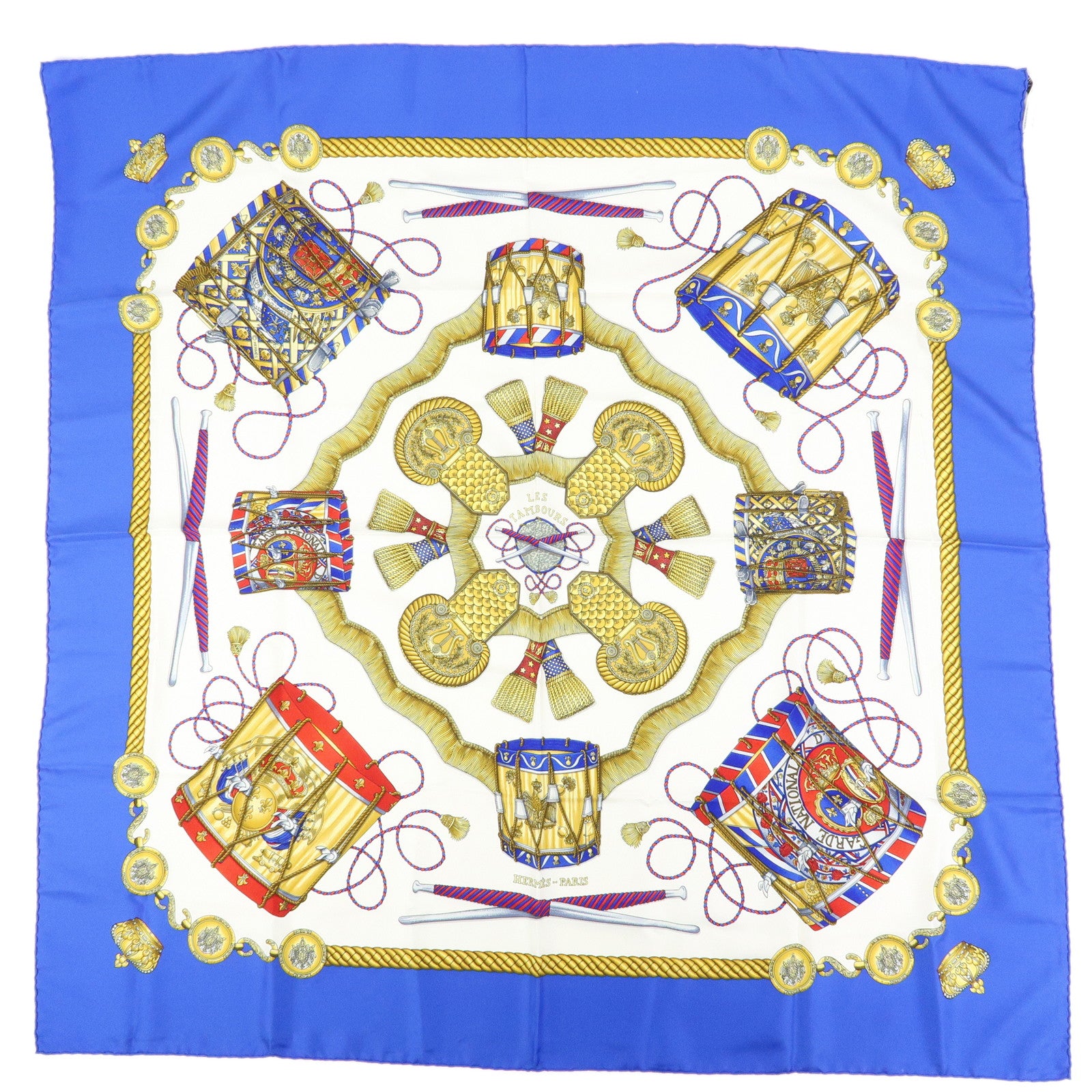 HERMES Carre 90 Silk 100% Scarf LES TAMBOURS Drum Print Navy Gold
