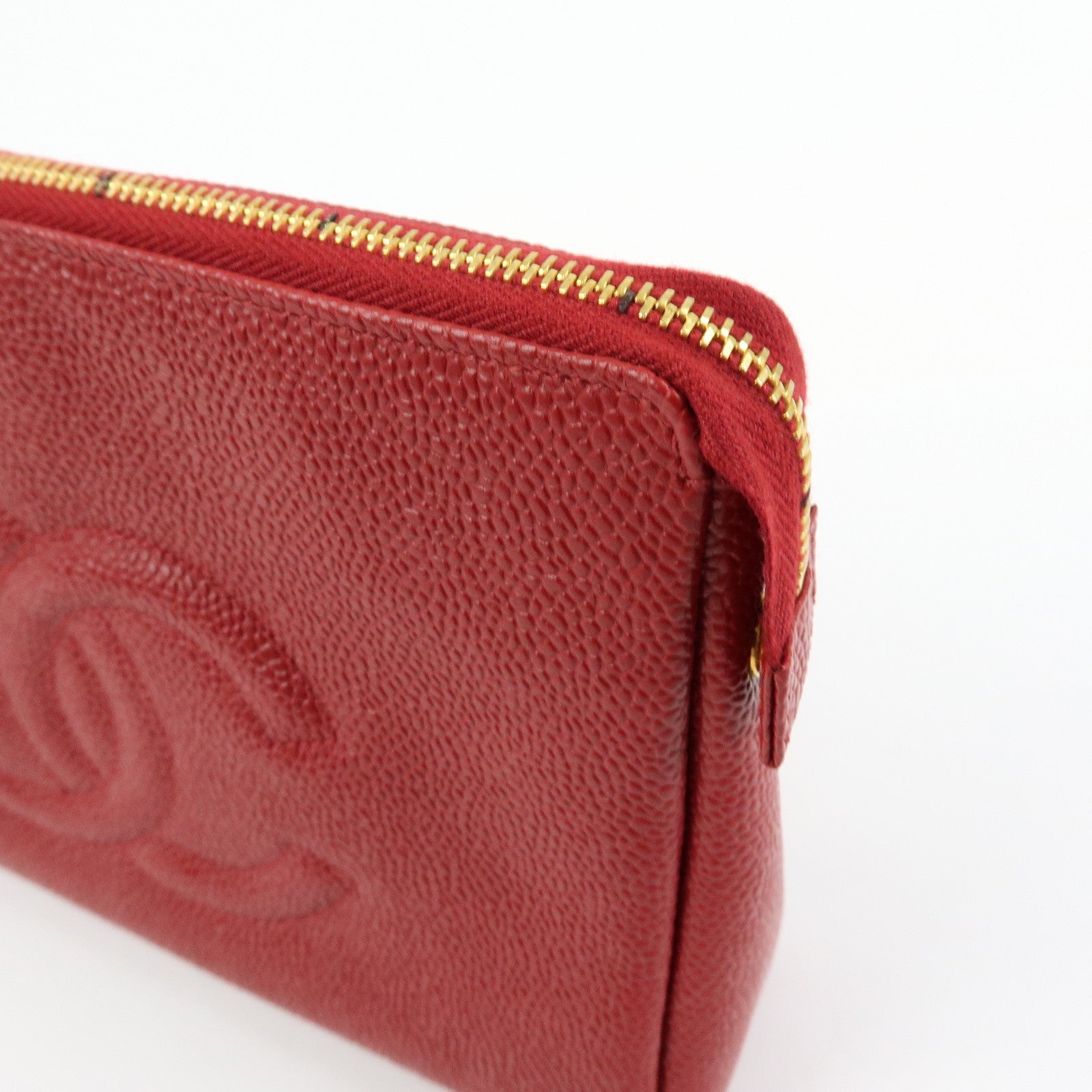 CHANEL COCO Mark Caviarskin Cosmetic Case Makeup Bag Pouch Red