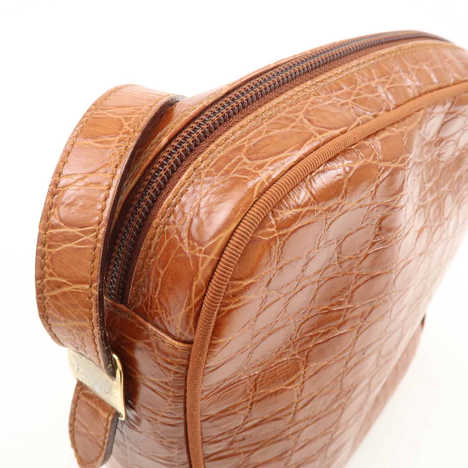 Ferragamo Vara Emboss Leather Shoulder Bag Crossbody Bag Brown