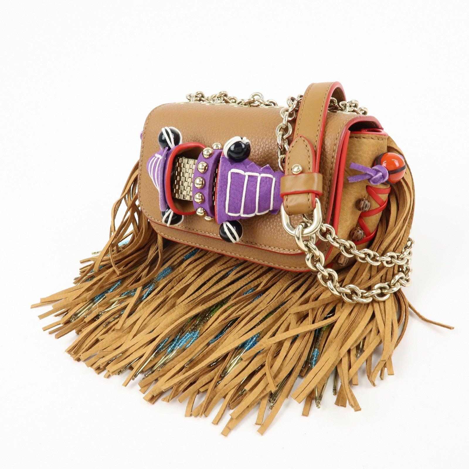 Christian Louboutin Leather Beaded Fringe Shoulder Bag Brown