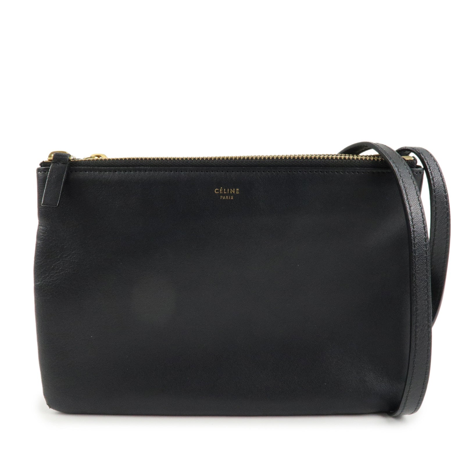 CELINE Trio Leather Shoulder Bag Black Gold Hardware