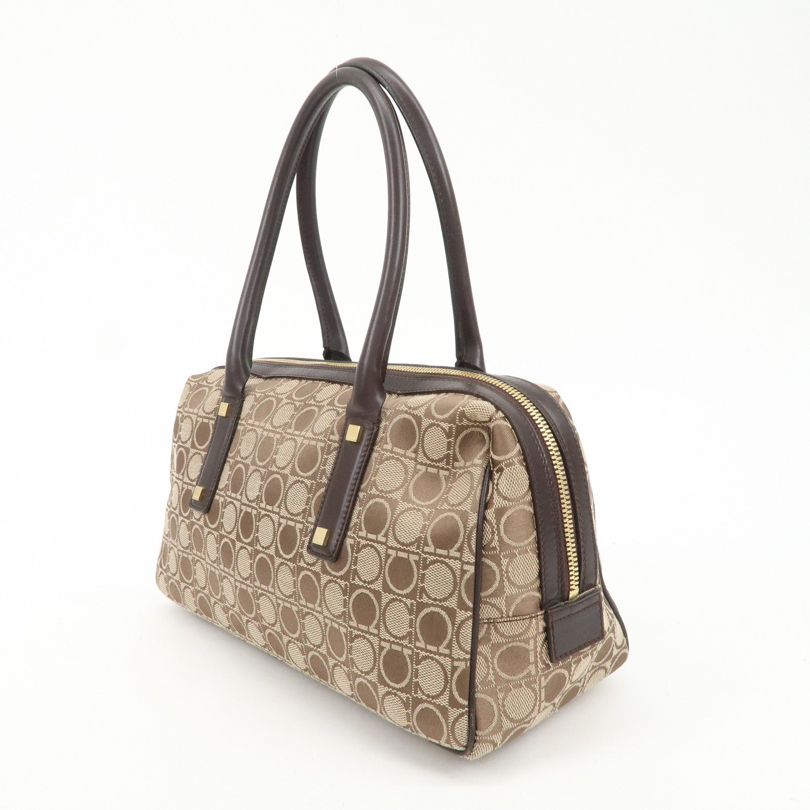 Ferragamo Gancini Leather Canvas Shoulder Bag Hand Bag Beige Brown