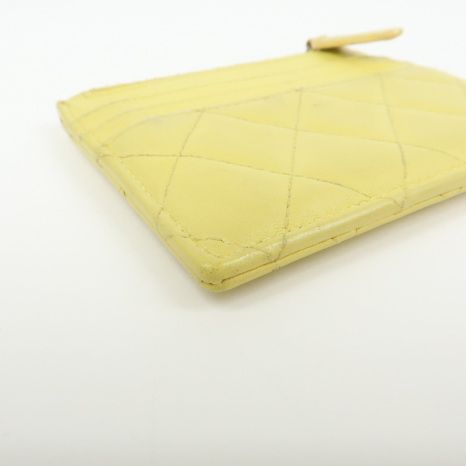 CHANEL Matelasse COCO Mark Lamb Skin Card Case Card Holder Yellow