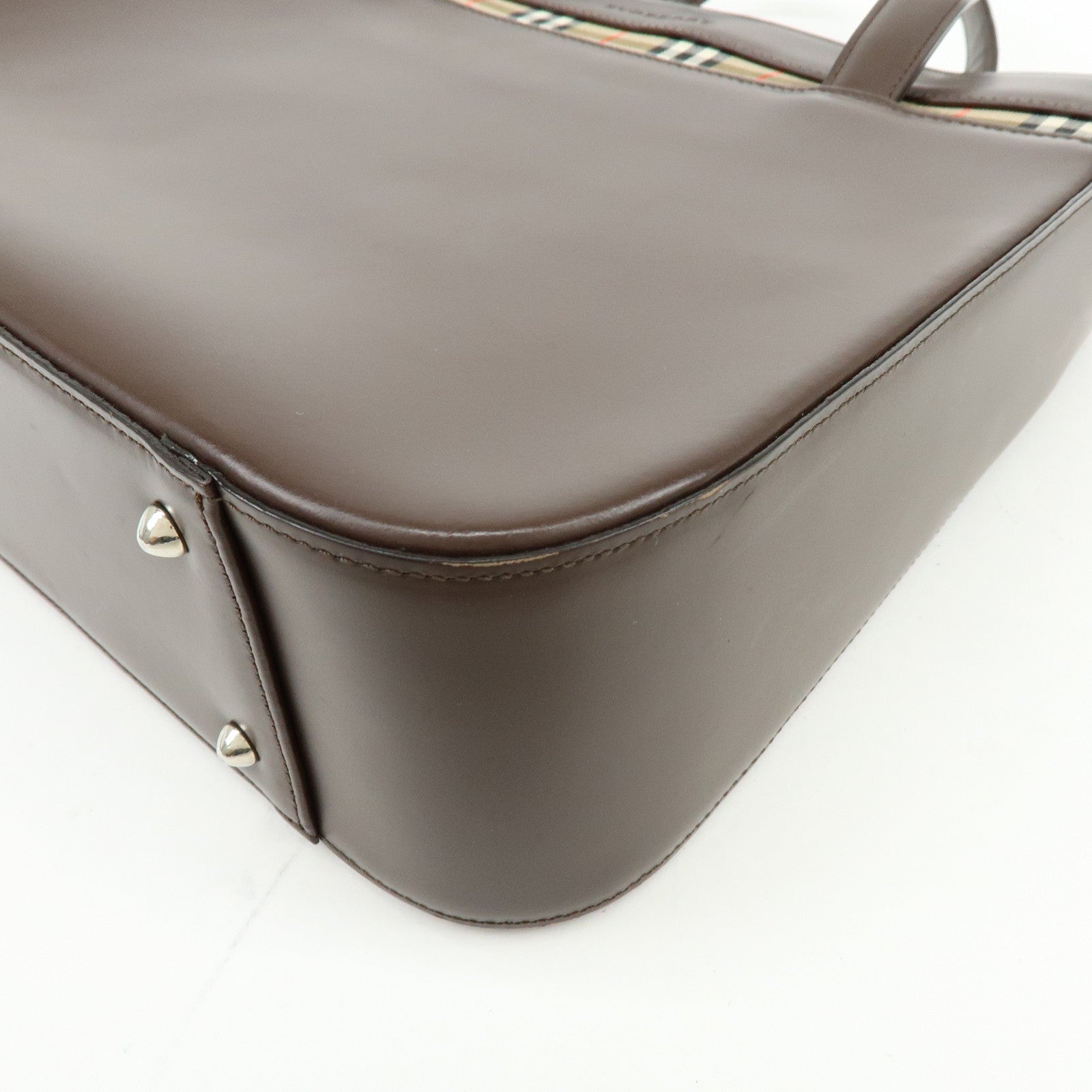 BURBERRY Nova Plaid Leather Hand Bag Tote Bag Brown