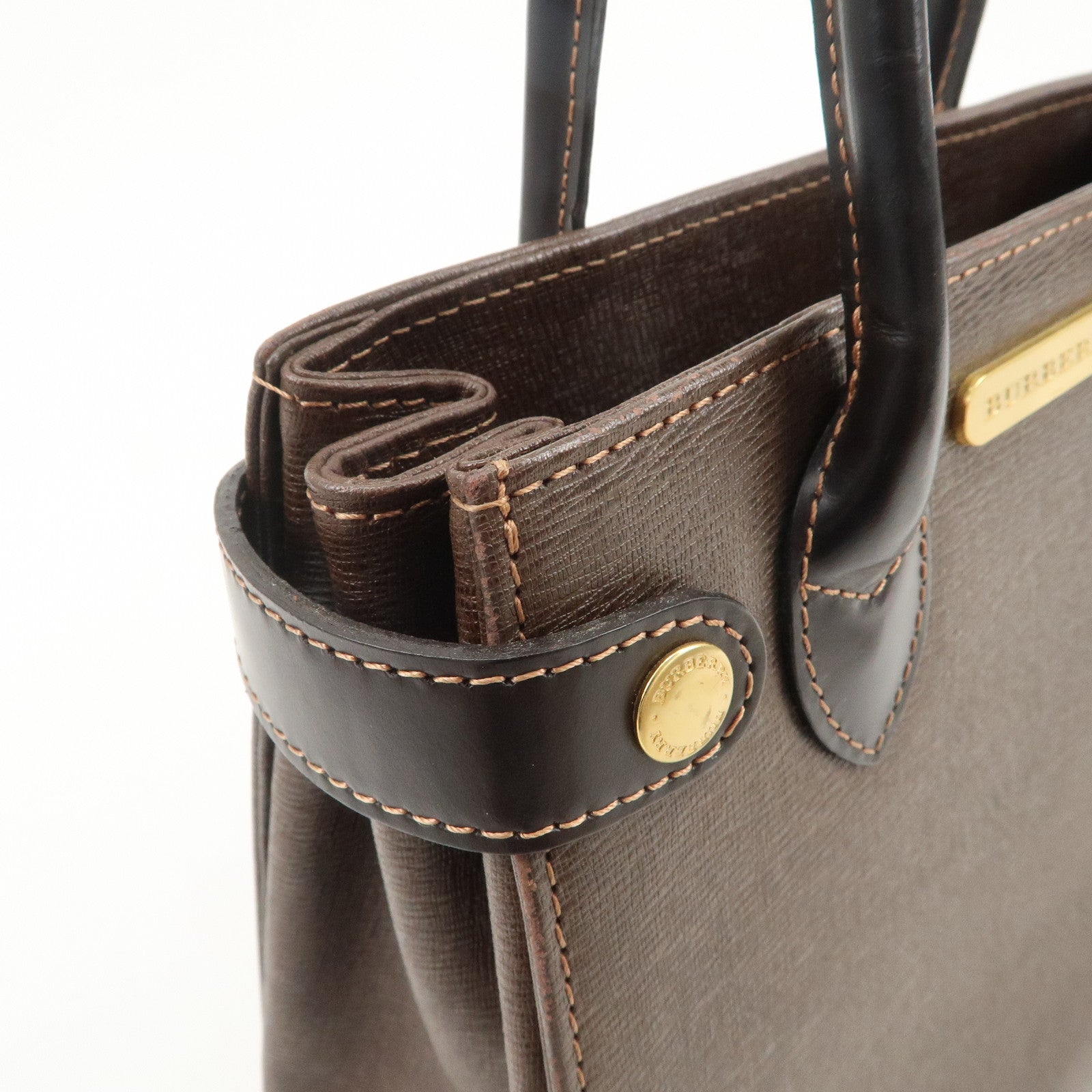BURBERRY Leather Hand Bag Tote Bag Brown Gold