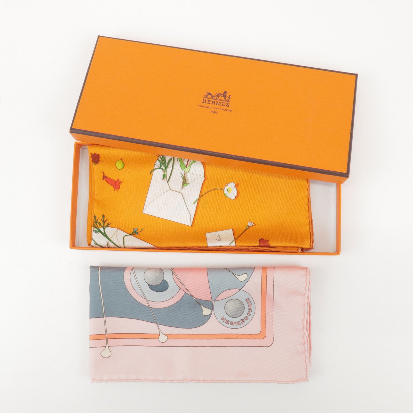 HERMES Carre 45 Set of 2 Silk 100% Scarf Light Pink Orange