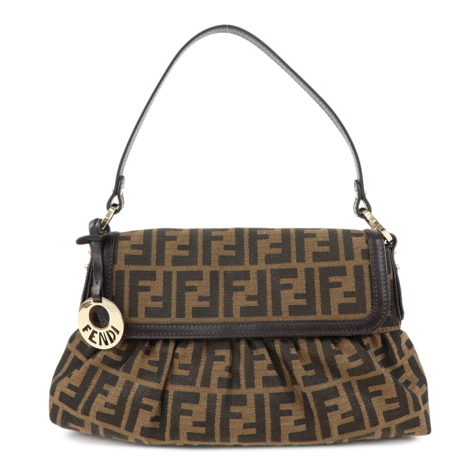 FENDI Zucca Canvas Leather Shoulder Bag Hand Bag Brown Black 8BR445