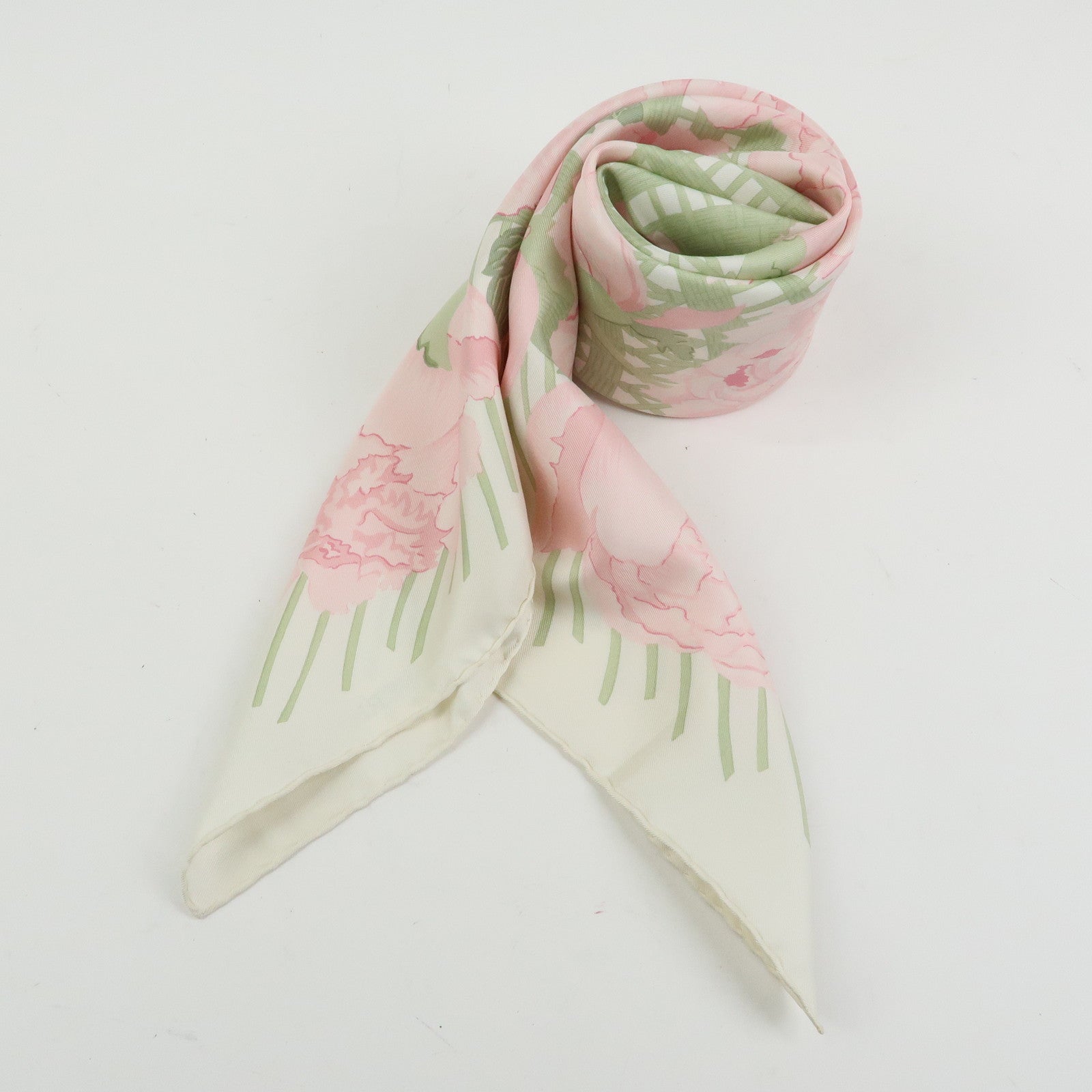 HERMES Carre 90 Silk 100% Scarf Les Pivoines Pink Light Green