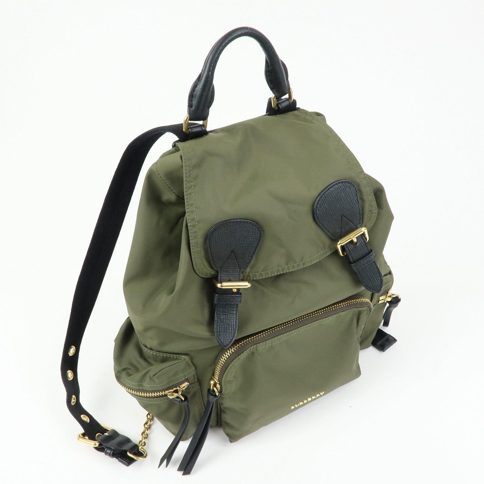BURBERRY Logo Nylon Leather Backpack Rucksuck Khaki Black