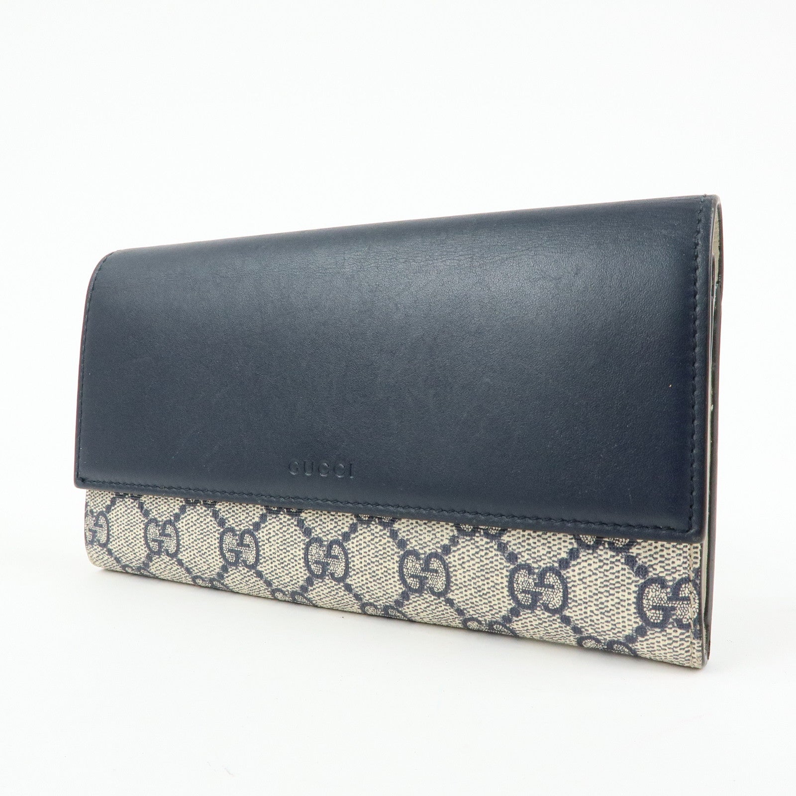 GUCCI GG Supreme Leather Flap Long Wallet Navy Beige 410100