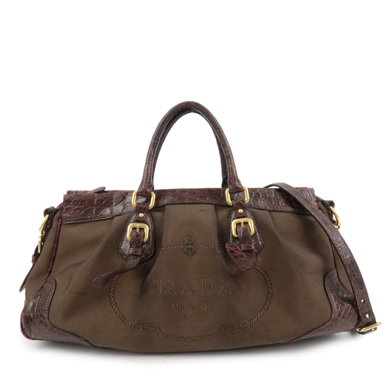 PRADA Logo Canvas Embossed Leather 2Way Shoulder Bag Hand Bag Brown