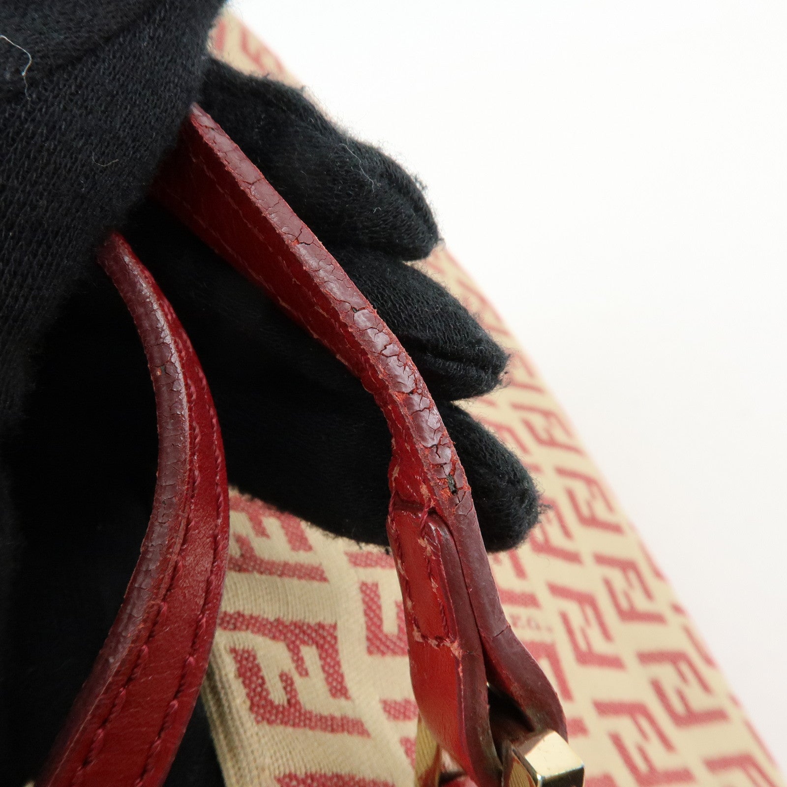 FENDI Zucchino Canvas Leather Hand Bag Tote Bag Beige Red 8BH132