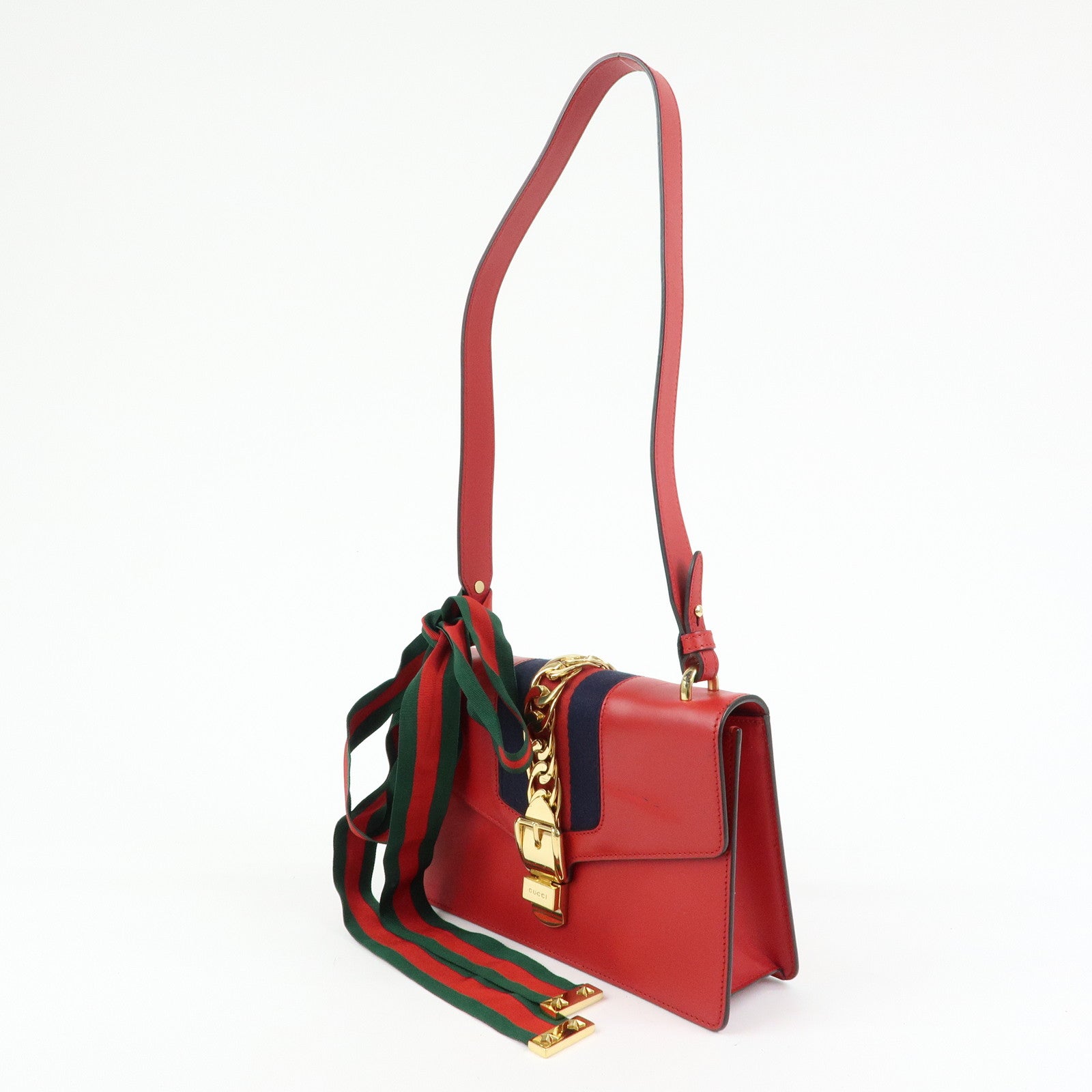 GUCCI Sylvie Sherry Leather Shoulder Bag Red Ribbon Red 421882