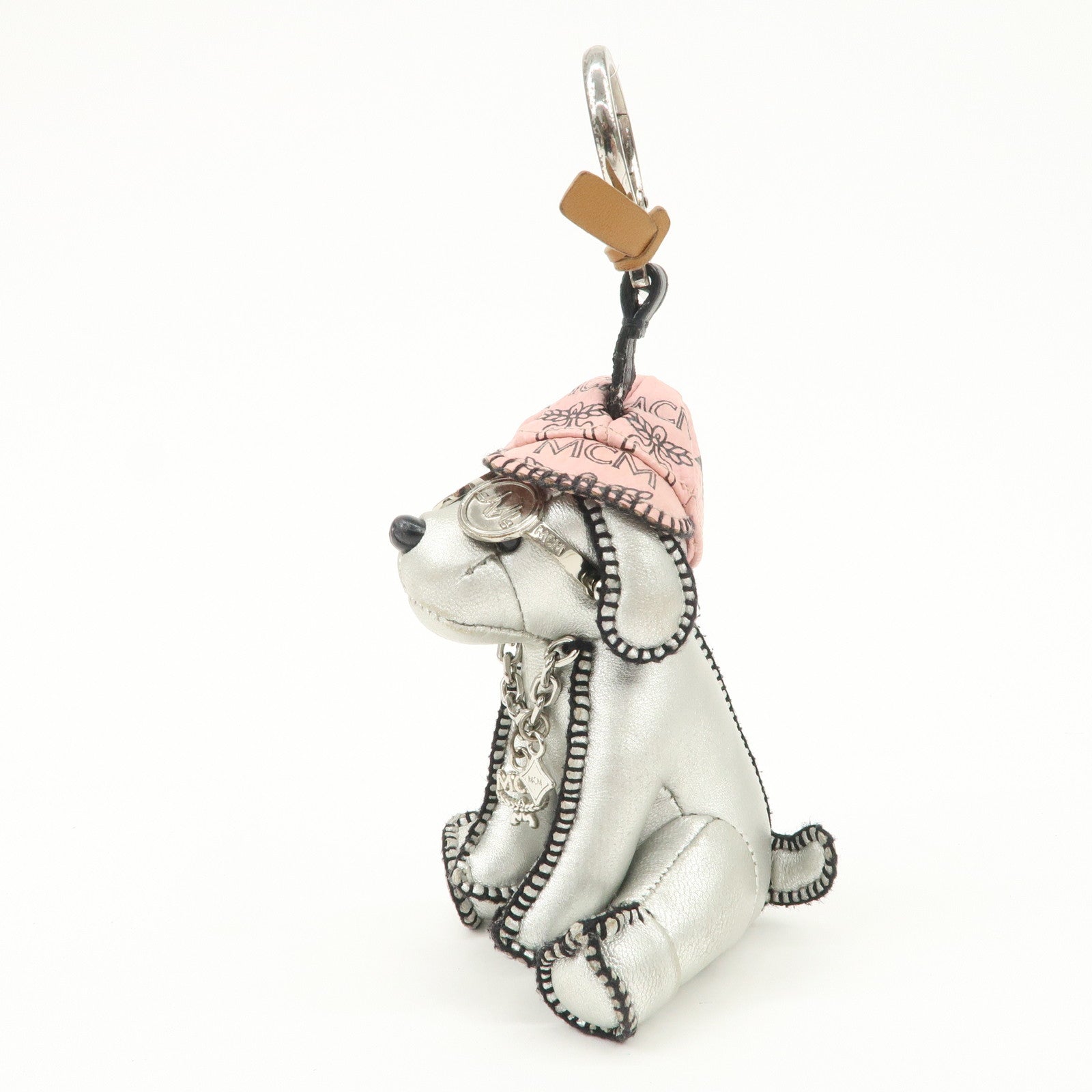 MCM Dog Motif Leather Bag Charm Key Chain Silver Pink