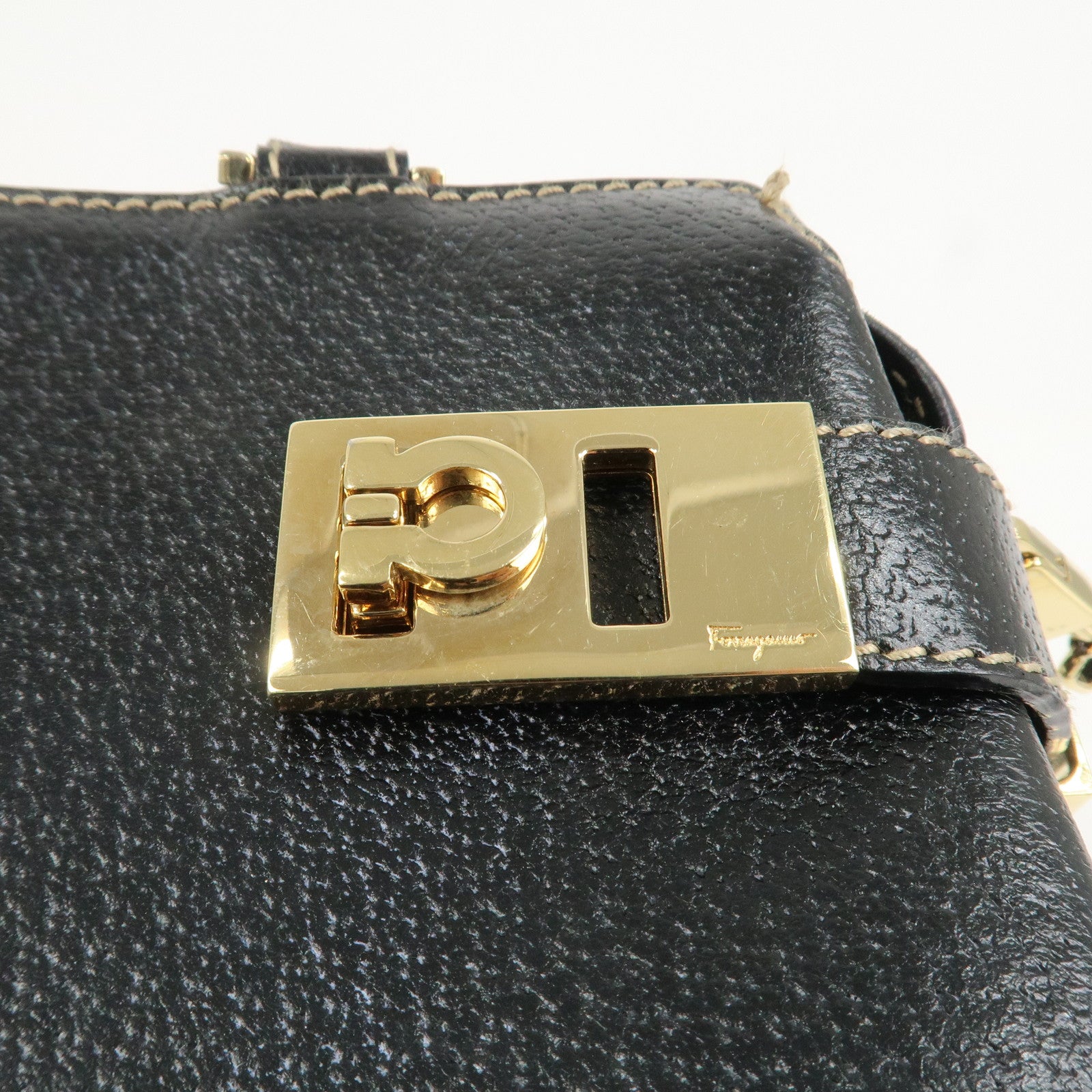 Ferragamo Gancini Leather 2 Way Bag Hand Bag Shoulder Bag Black