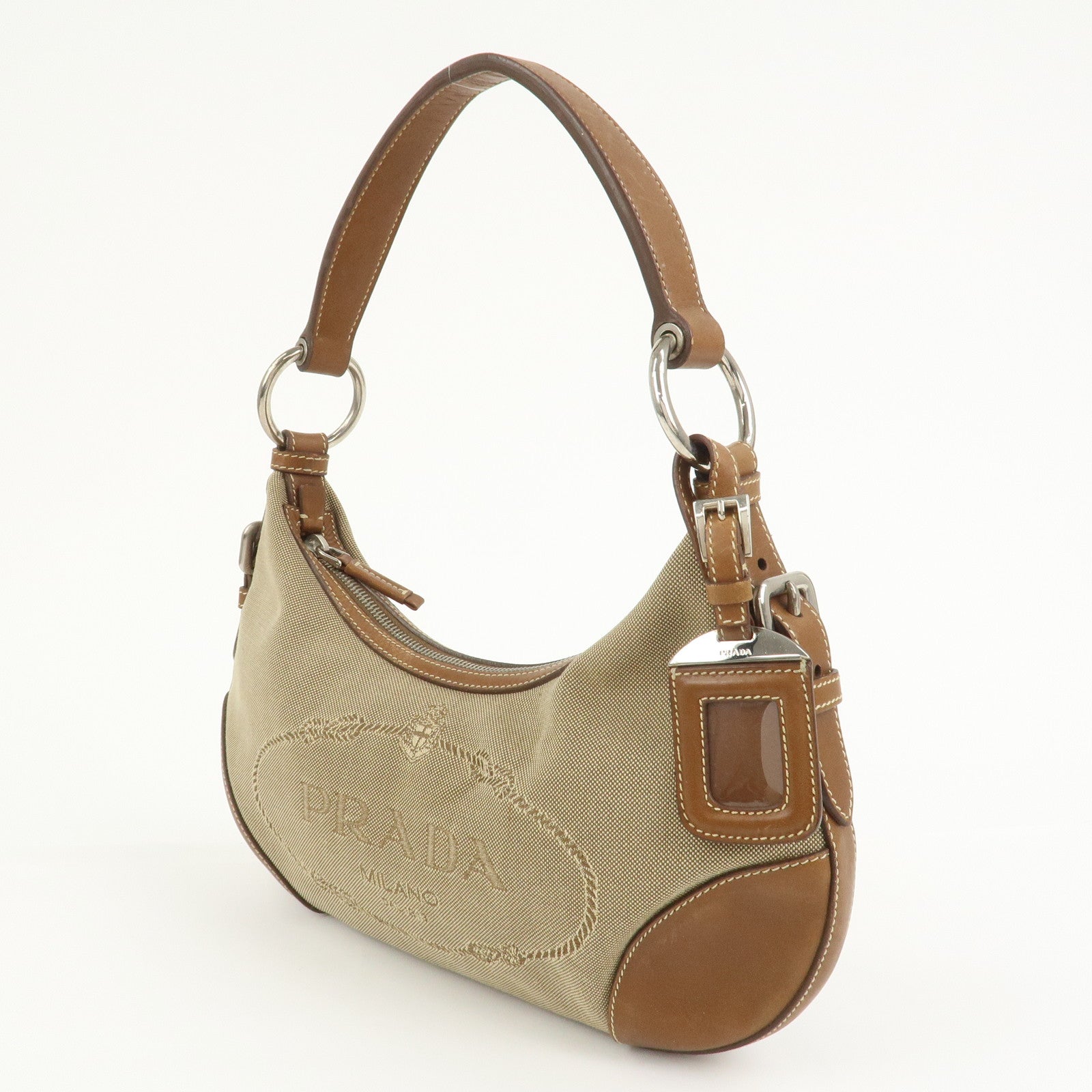 PRADA Logo Jacquard Leather Shoulder Bag Beige Brown BR3429