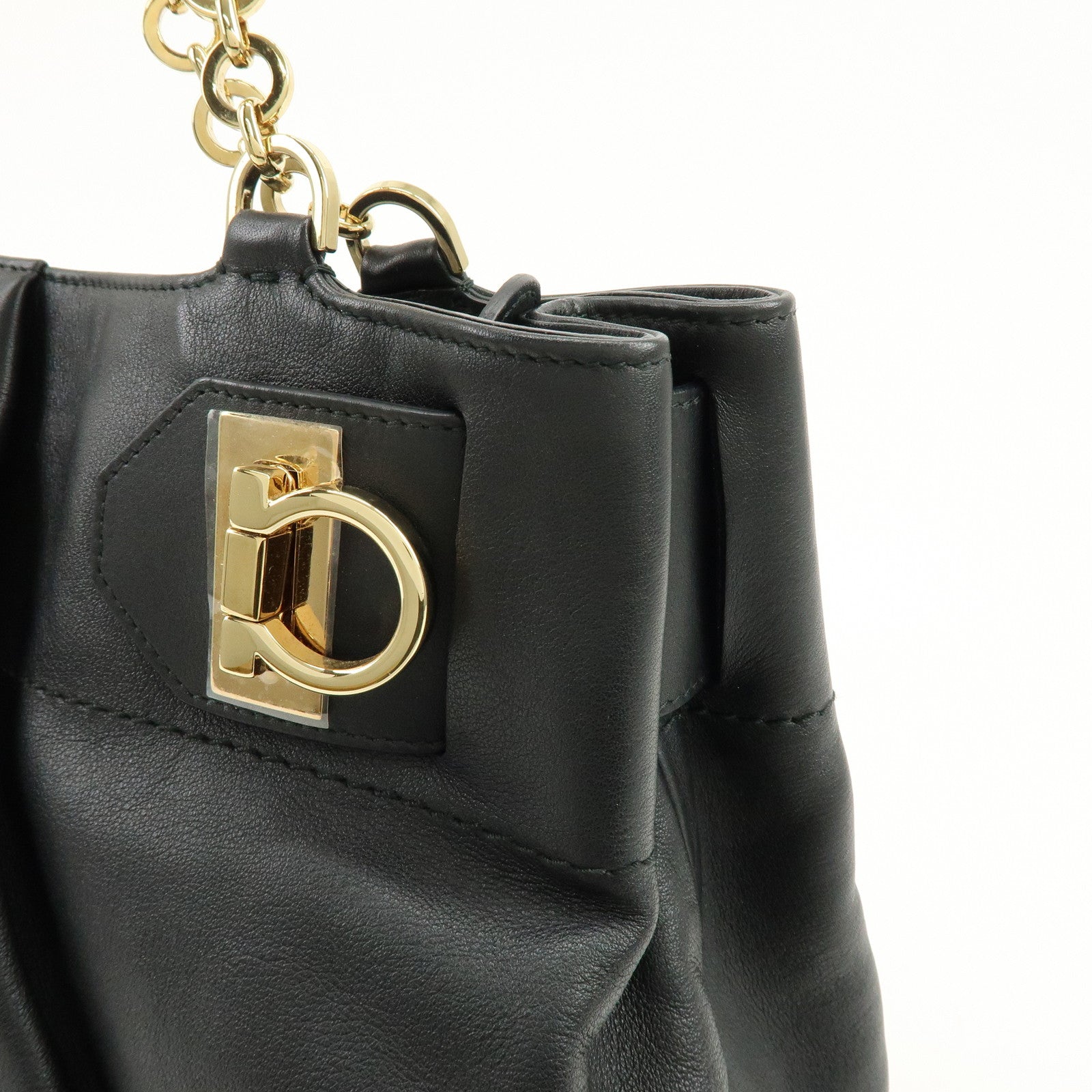 Ferragamo Gancini Leather Tote Bag Hand Bag Shoulder Bag Black