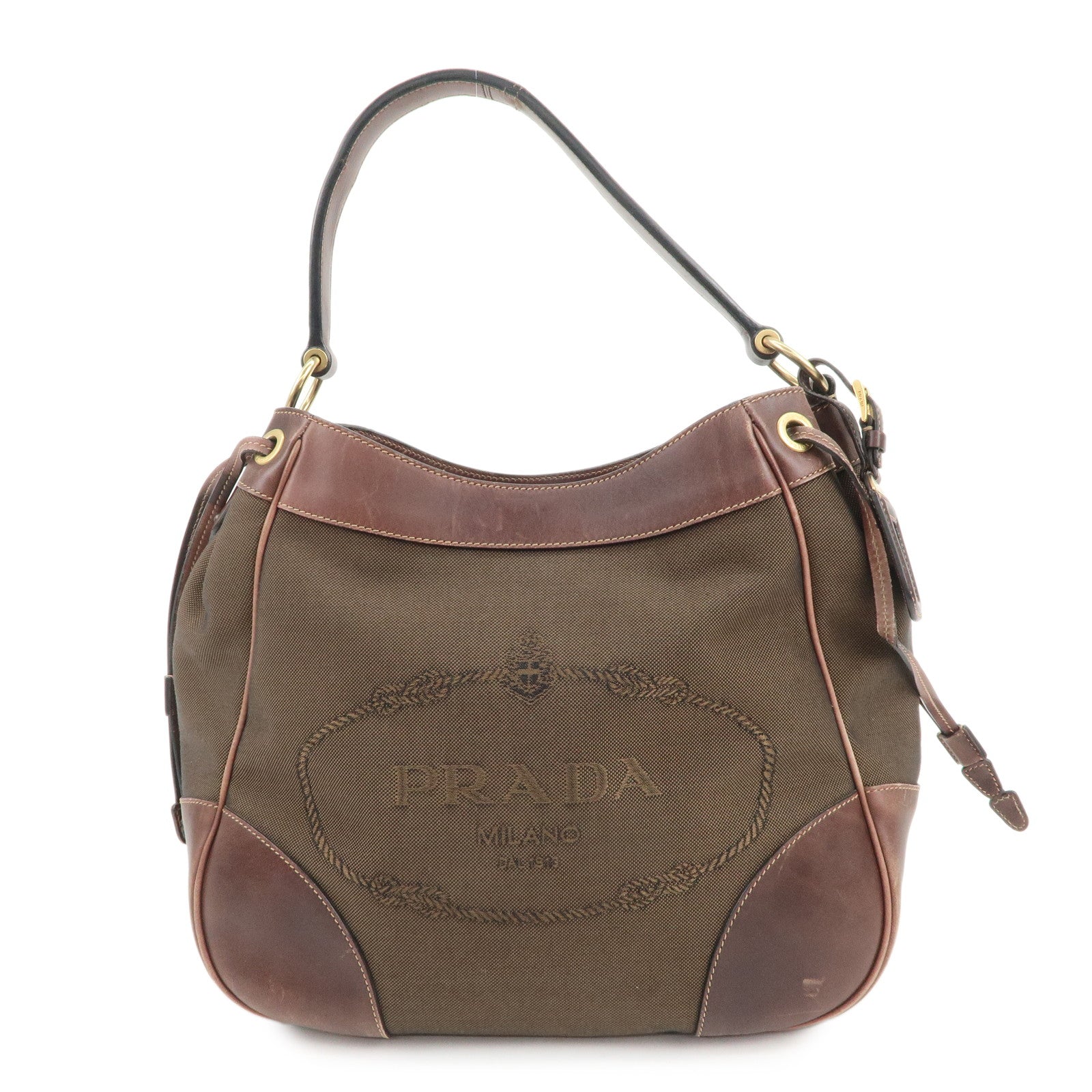 PRADA Triangle Logo Canvas Leather Shoulder Bag Hand Bag Brown