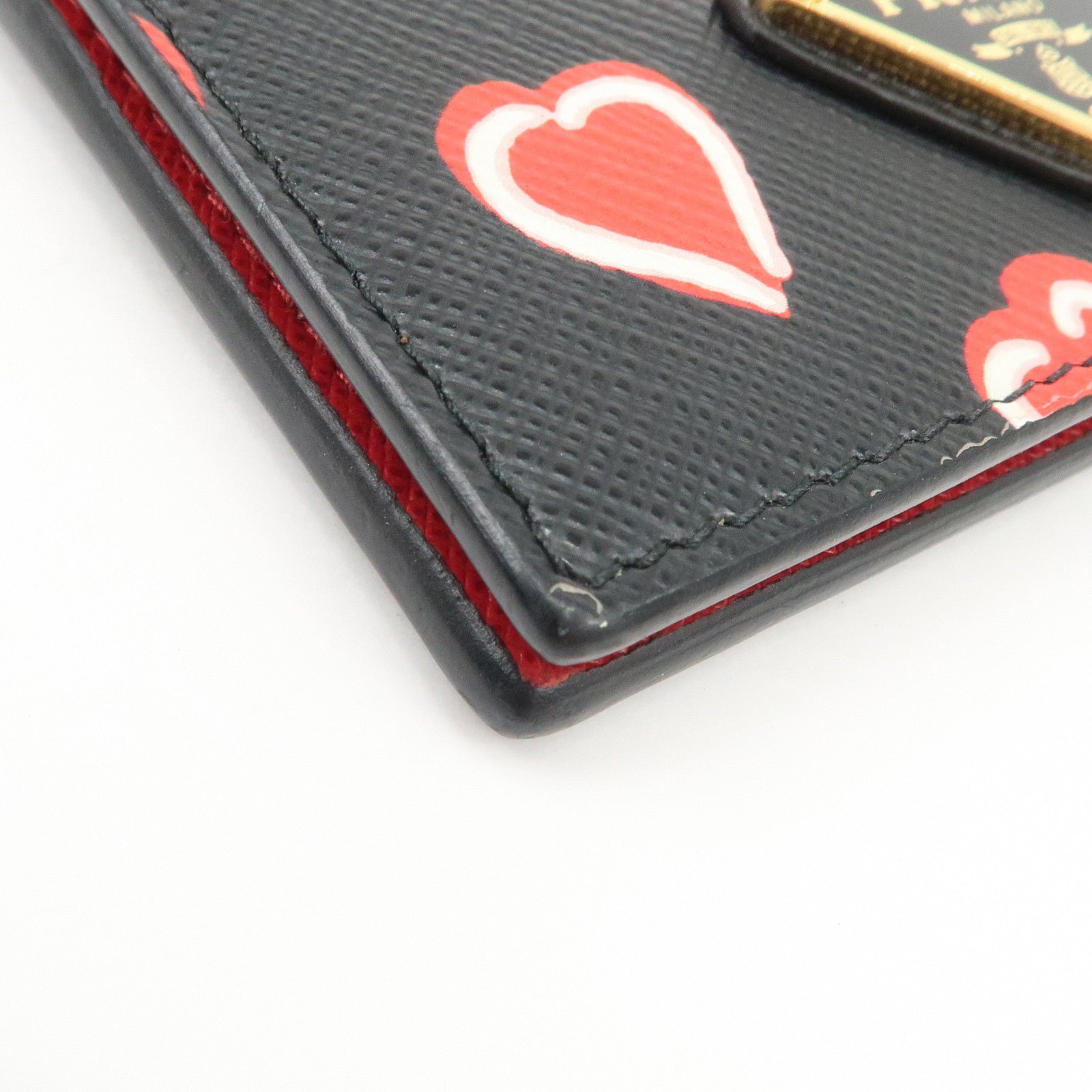PRADA Saffiano Leather Heart Card Case Pass Case Black Red 1MC006