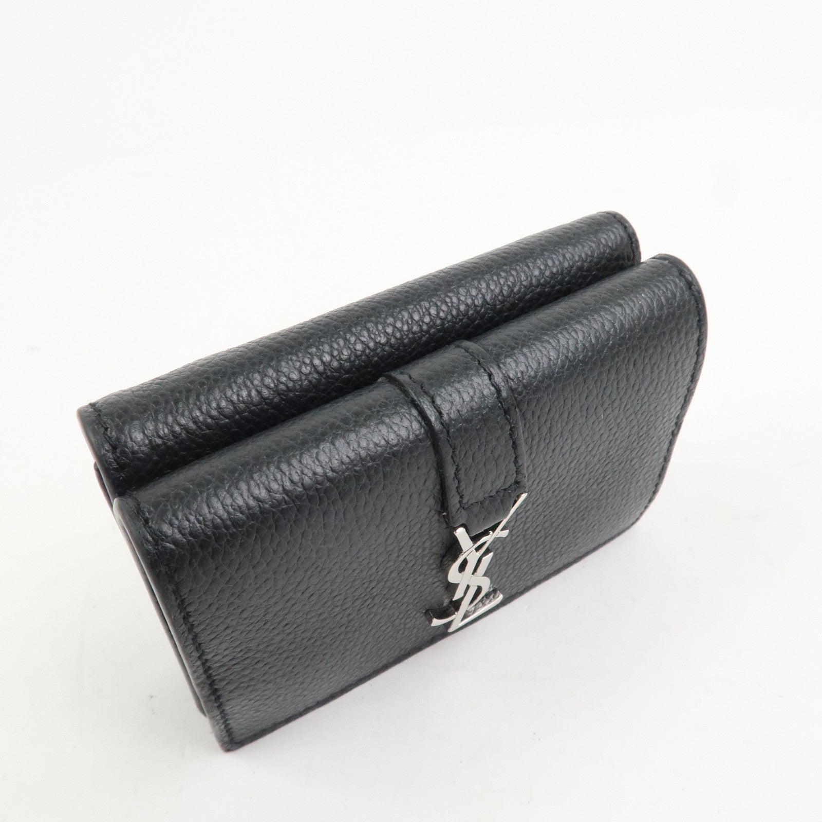 SAINT LAURENT Leather Tri-fold Compact Wallet Black Silver HDW