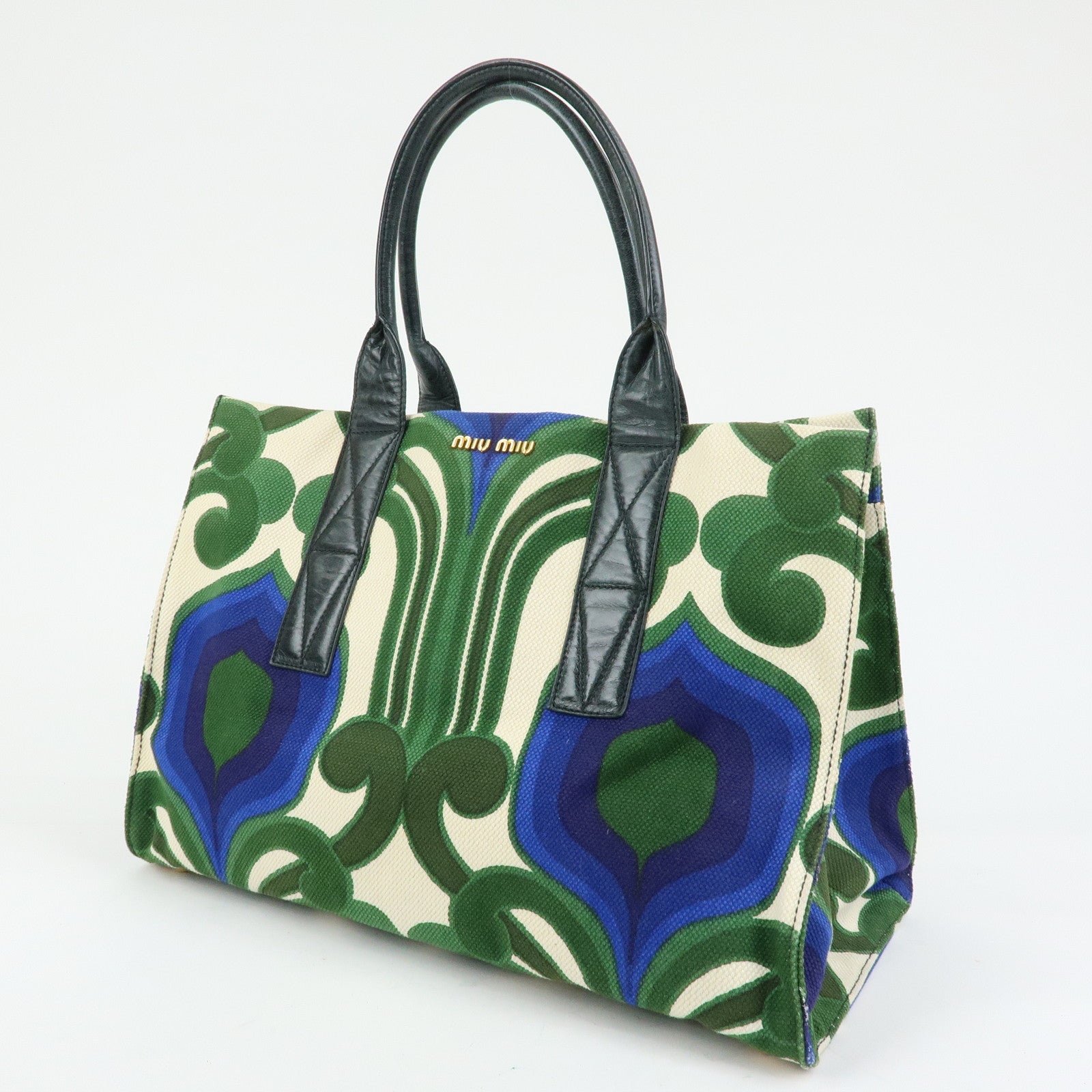 MIU MIU Canvas Leather Tote Bag Hand Bag Green Natural